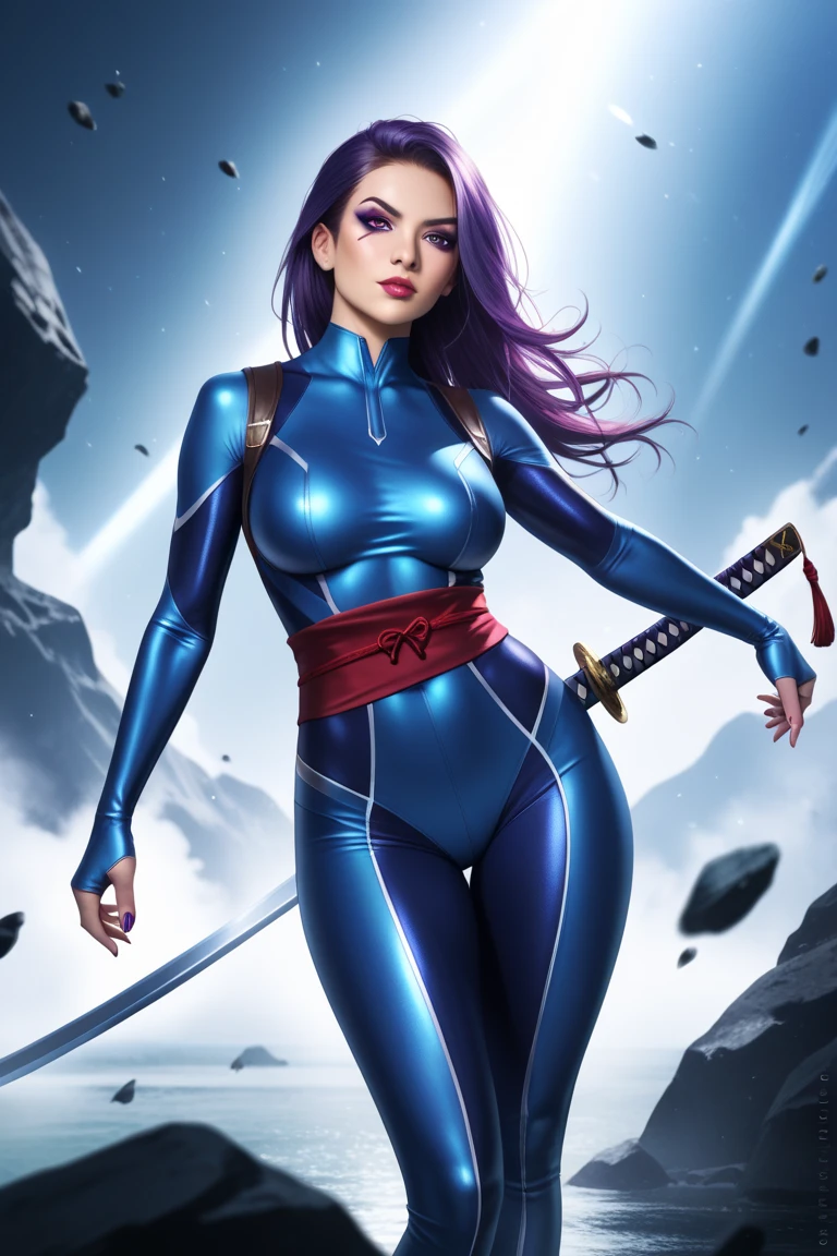 (New York: 1.5), (time square 1.4), Psylocke, also known as Elizabeth, is known for her distinctive appearance and her psychic and telepathic abilities, which are often associated with a psychic blade or psychic katana.
Physical appearance:
Psylocke is a woman of British origin and with an Asian appearance for a while. However, its most recognizable form is as follows::
Hair: Psylocke usually has long, dark purple hair that falls in soft waves. Her hair is a striking feature and is often worn loose. Eye: Her eyes are typically depicted as blue, but they can also be depicted as purple when she is using her psychic abilities. Body: Psylocke is chiseled and athletic, like many Marvel superheroes. Her physical form reflects her proficiency in martial arts and her combat skills.
typical costume:
Psylocke's costume is an important part of her visual identity. She is often depicted wearing the following attire:
bodysuit: Psylocke wears a bodysuit that covers her entire body. The costume is usually tight (dark blue or black color :1.5) that covers your body from neck to toe and is made of material that fits the body.
waistband: She often wears a red waistband that wraps around her waist. This stripe serves as a point of contrast in her look, breaking the monotony of the main color.
Psychic Blade: Psylocke's most iconic feature is her psychic blade or psychic katana. This is a blade made of psychic energy that she can create with her telepathic abilities. The blade is often described as a traditional Japanese sword, and she wields it skillfully in combat.
gloves and boots: Psylocke wears gloves and boots in the same color as her bodysuit, completing the look. These items usually have simple details, such as stripes or lines that complement the outfit.
mask: Although not a constant feature of her costume, Psylocke wears a mask that covers part of her face, leaving only her eye, (slender body: 1.5), (Clothing: 1.5), (large breasts: 1.3), (br