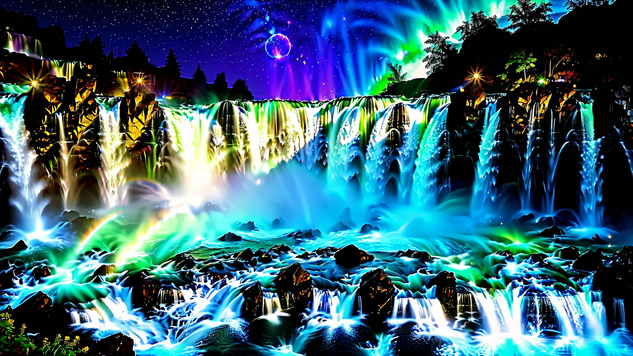 32K Resolution Masterpiece ,  highest quality ,  super detailed, Realistic expression,Extremely high resolution 32K wallpaper  , shot with a fisheye lens ,Many layers of waterfall flow , Scales like Niagara Falls, spectacular scale ,Very high waterfall shining with cobalt blue luminescence,A bird's-eye view, ((The rock shines fluorescent green )), super detailedな特徴,  Awe-inspiring Details .  Spectacular Waterfall Falling Directly from the Starry Sky ,  Falling on Metal , Shining Cliff Surface .  Water Shines in Blue and Purple ,  Holographic Streams Intertwine .  Bioluminescent flowers and trees at the bottom of the valley々Covered in,  Its Leaves Reflect the Light of Water .  Floating Spheres of Light Wrapping the Scene ,  Mysterious Addition ,  have an otherworldly atmosphere  ., countless stars in the background 々and galaxy clusters ,Mysterious charm,  mysterious atmosphere,A fantastic atmosphere with splashes of water ,
