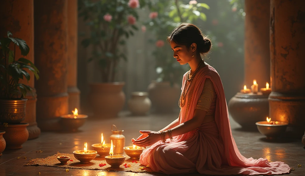 Cut to: hindu  दीपक (दीया) जलाने का दृश्य और भक्तिमय संगीत]