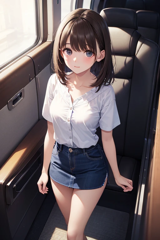 Highest quality,8K,High definition,Masterpiece,Cute like a little sister,Brown Hair,With bangs,lob hair,navel,Small breasts,navel,Checked mini skirt,Commuting