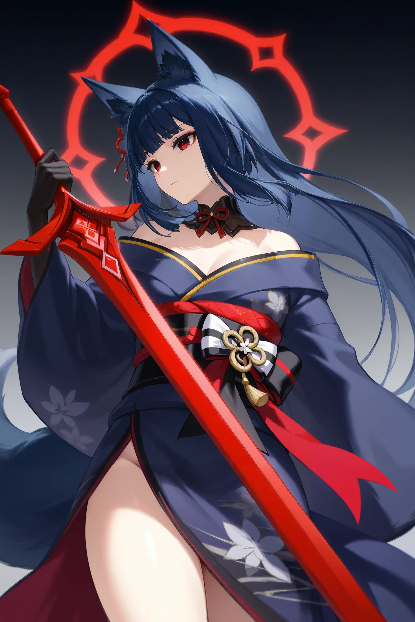 A girl with dark blue hair, red eyes, fair skin tone, slender and athletic built, ying yang robes, detailed hair, detailed body, aesthetic, best quality, 8k