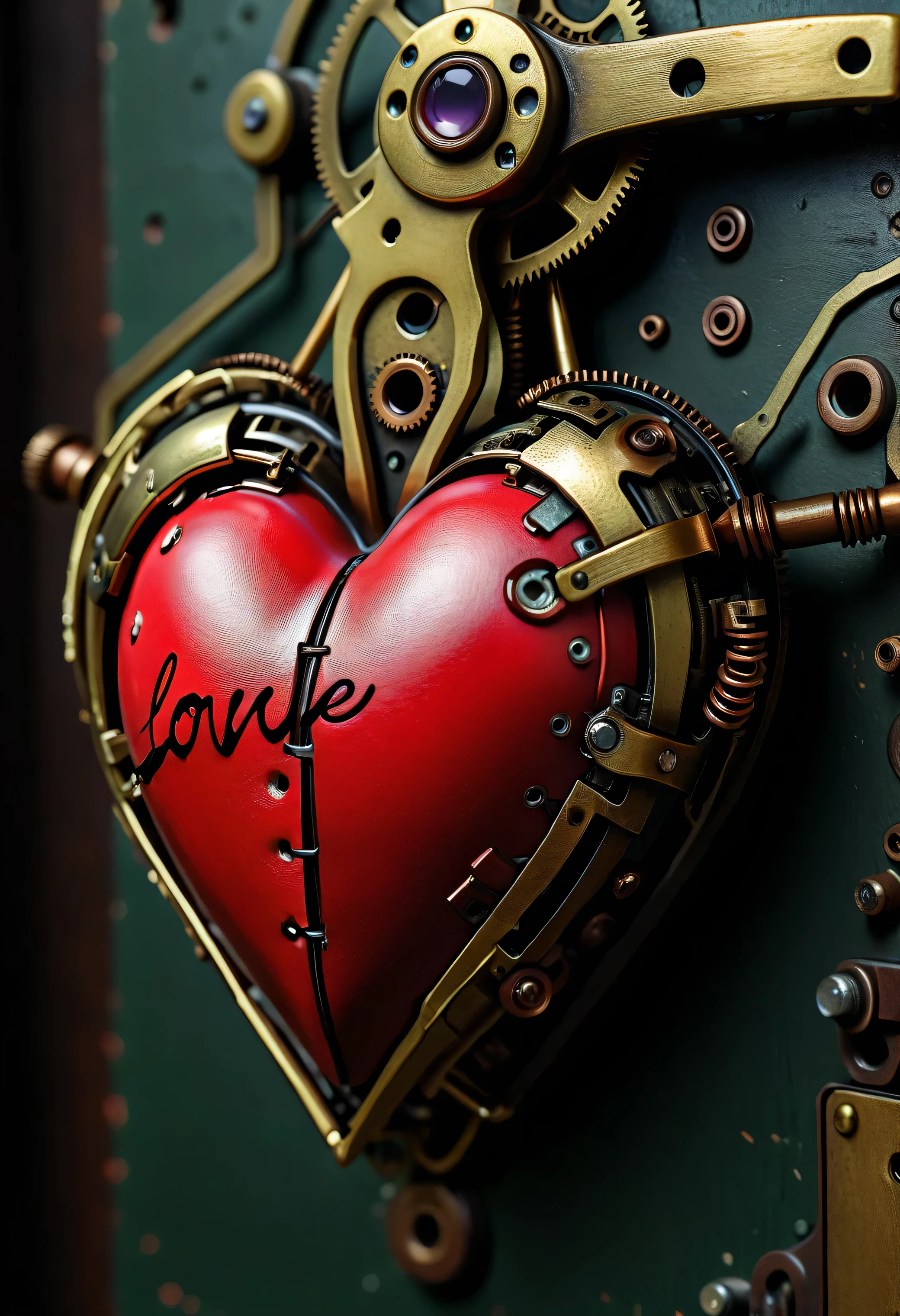 Fantastic-mechanism make ronotic-heart with write "Love" on it, Cyber[unk, detailed,Location Factory Cyberpunc , score_9, score_8_up, hight quality, good quality, rendered details. Hight resolution, good quality. Detailed, good quality textures.