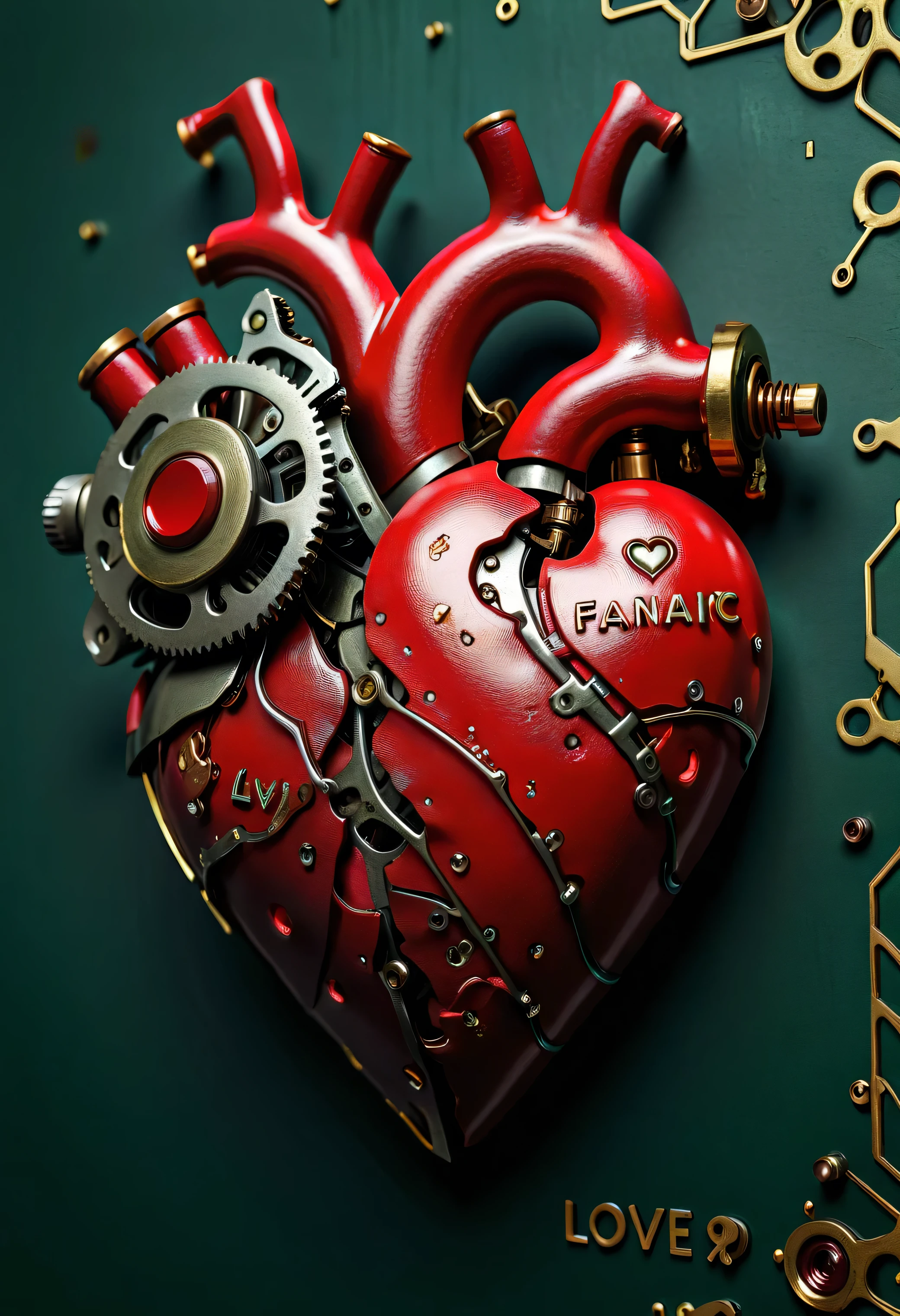 Fantastic-mechanism make ronotic-heart with write "Love" on it, Cyber[unk, detailed,Location Factory Cyberpunc , score_9, score_8_up, hight quality, good quality, rendered details. Hight resolution, good quality. Detailed, good quality textures.