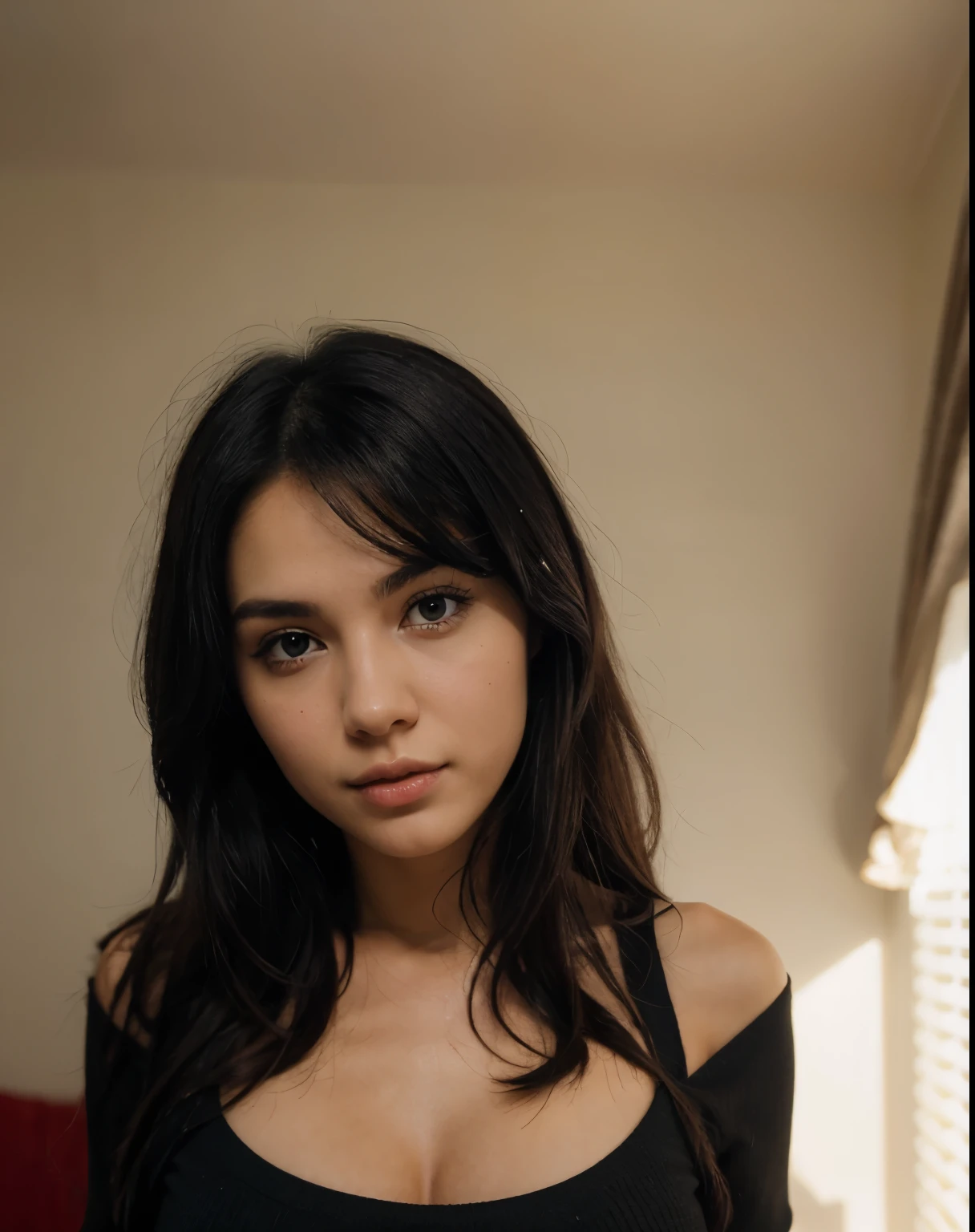 girl, pretty girl, black hair, big brown eyes, she is wearing black dress
