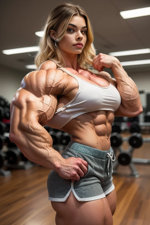 gorgeous young bodybuilder girl in peak conditioning, flexing in a double biceps pose, she weighs 260 lbs and has a body fat percentage of 1%, extremely shredded, insanely muscular, powerful ripped pecs, pectorals, ripped muscular pectorals, female, gorgeous face, insanely muscular and sculpted physique. naked super muscular, gorgeous, blonde, white, tanned, jacked, huge, insanely ripped lean girl with hard nipple and long midriff and tiny waist and 10-pack abs, flat stomach, shredded abs, sculpted shoulders, best quality, solo, seductive smile, best quality, extremely detailed