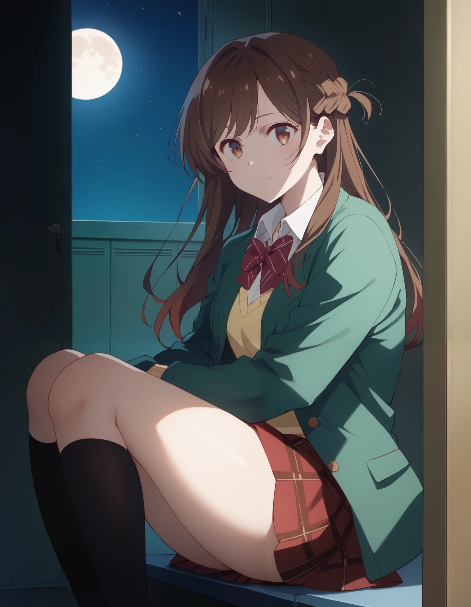 stares at the viewer, Alone, Chizuru Ichinose, 1 girl completely naked, brown hair, long hair, French Braid , brown eyes, School, green jacket, yellow sweater , bow tie, plaid skirt, red skirt, black socks, In a completely dark room, locker, window_,Midnight circa 12:00 , Moon and Stars, close-up shot 、Thick, supple, and soft thighs、 holding your knee、I'm not feeling well、 I'm not feeling well