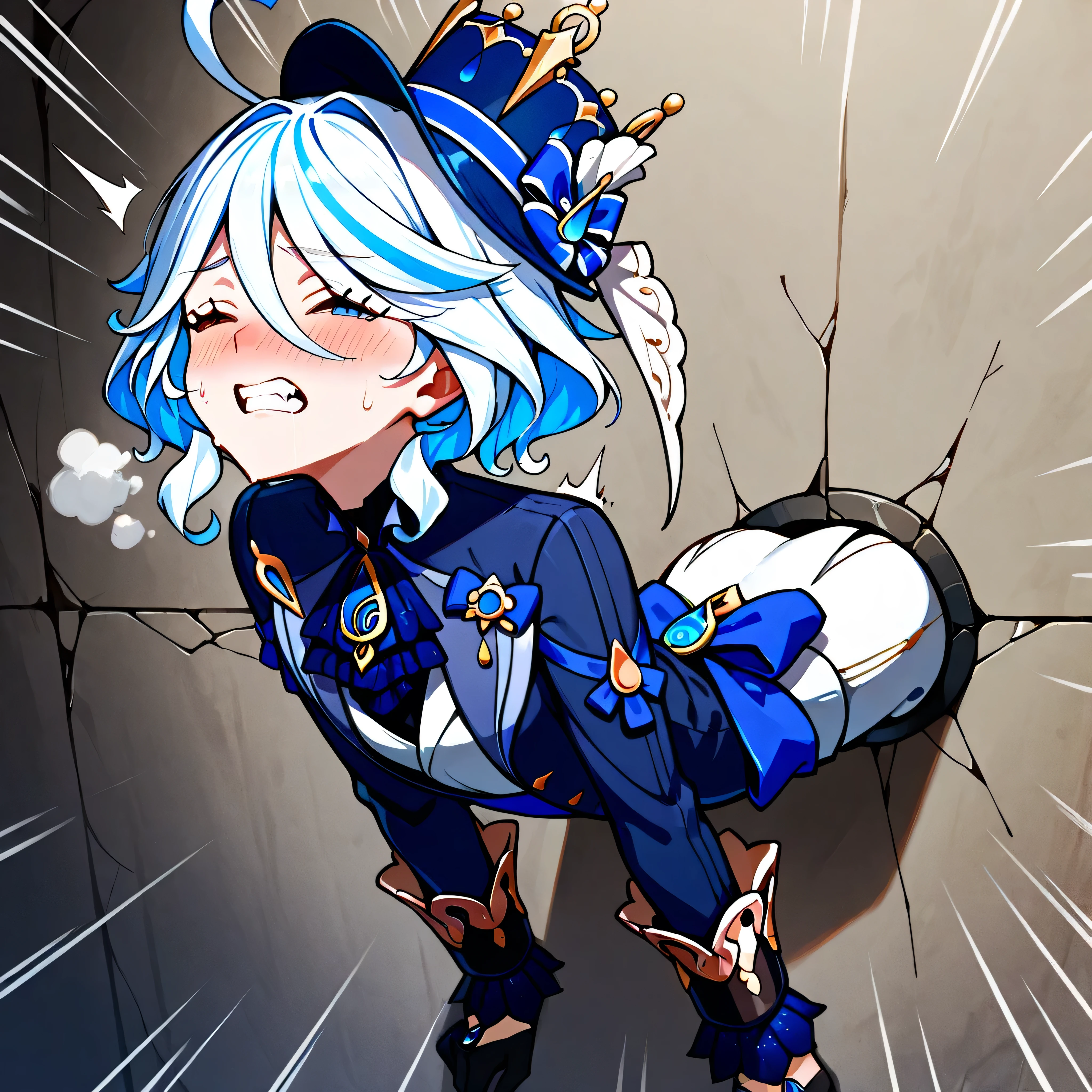 score_9, score_8_up, score_7_up, score_6_up, score_5_up, score_4_up,source_anime, 1girl, solo, (furina_\(genshin_impact\), blue eyes, hat, short hair, blue hair, bangs, hair between eyes, white hair, crown, multicolored hair , long sleeves, jacket,blue bow,gloves),small breast, nose blush, twitching, troubled eyebrows, (((arched back, wriggle herself), clench her teeth, orgasm, ecstasy)), closed eyes, heavy breath, sweat,, (glory wall:1.4),through wall, stationary restraints, (upper body:1.3), restrained, stuck, (movement lines:1.2), (impact lines:0.8), (extremely moaning:1.2), front view