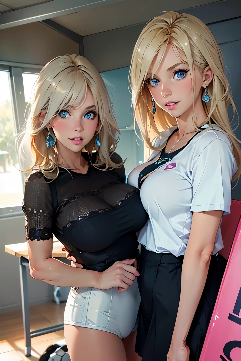(masterpiece, photorealistic, detailed, perfect eyes) portrait of 2 chubby women with hands behind head, 20 years old, kneeling, on knees, full body view, looking at viewer, open mouth, tongue out, eyes rolled back, tank top, cleavage, liz katz, jessica nigri