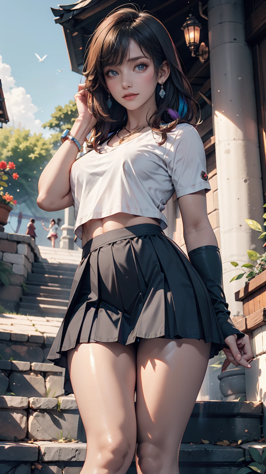 masterpiece, best quality,1girl,young girl,brown eyes,drill hair,happy smile,shiny skin,(nice leg line:1.3),thick thighs,thin waist,huge breasts
BREAK
, Lace-up_crop_top, midi_skirt, knee-high_boots, layered_necklaces, hoop_earrings, bucket_bag,
BREAK
, Skatepark,,crowd,depth of field,looking at viewer,standing,from behind,full body,legsupsexms