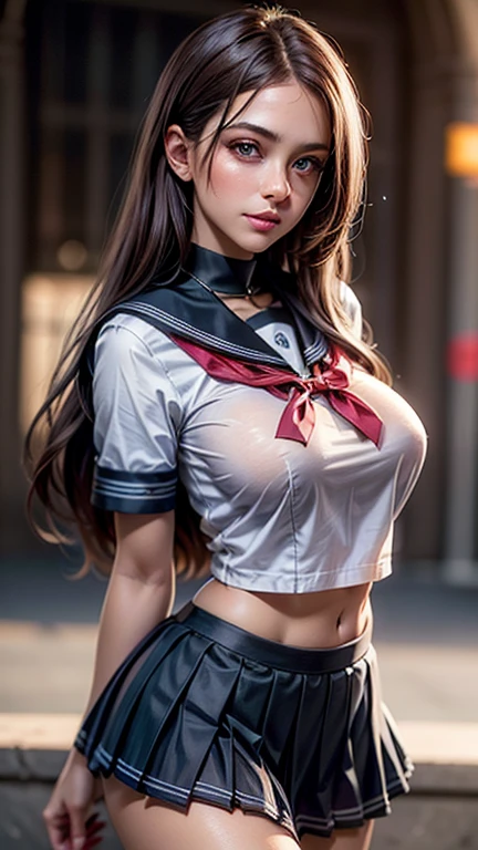 ((RAW photo、highest quality)、(realistic、Photoreal:1.3)、highest quality、masterpiece、very delicate and beautiful、A hvery detailed、nffsw、sense of oneness、2k wallpaper、growing up、Beautiful in every detail、masterpiece、light smile、highest quality、Hvery detailed ticker Unity 8K wallpapers、huge file size、Super detailed、High resolution、very detailed、(((Sailor uniform style tight bodysuit miniskirt:1.5))、((dancing at a concert:1.4))、((Hair is moving:1.35))、((Add movement to the pose:1.3))、((Navel exposed:1.25))、((smile:1.2))、((Based on metallic colors:1.2))、(Salute with peace sign with right hand)、(look at the camera)、(Sailor Hut)、super cute girl、Part of an idol group、19 years old、A huge monitor stage was set up in the background, and their images were reflected on it.、Spotlight、professional lighting、cinematic light、