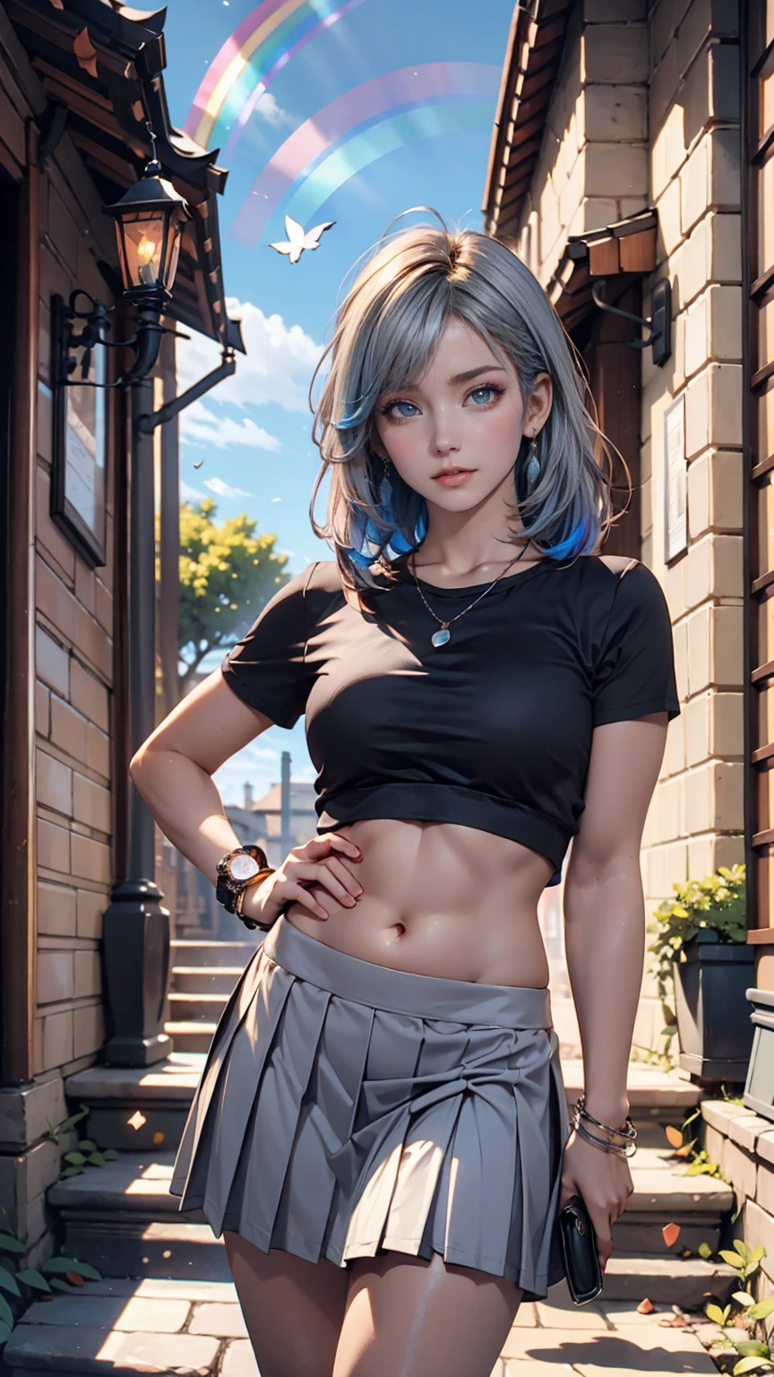 NSFW, top-quality, intricate detailes, chromatic abberation, 1girl in, Dynamic Pose, Cinematic Angle, short silver hair, Blue Highlights, heterochromia iridis, Gentle smile, Oversized T-shirt, Super Super Mini Skirt, Pull up your skirt to show your panties, Cowboy Shots, wind lift, (oversize tshirt: 1.2 inch), Concrete walls, doodle, the street