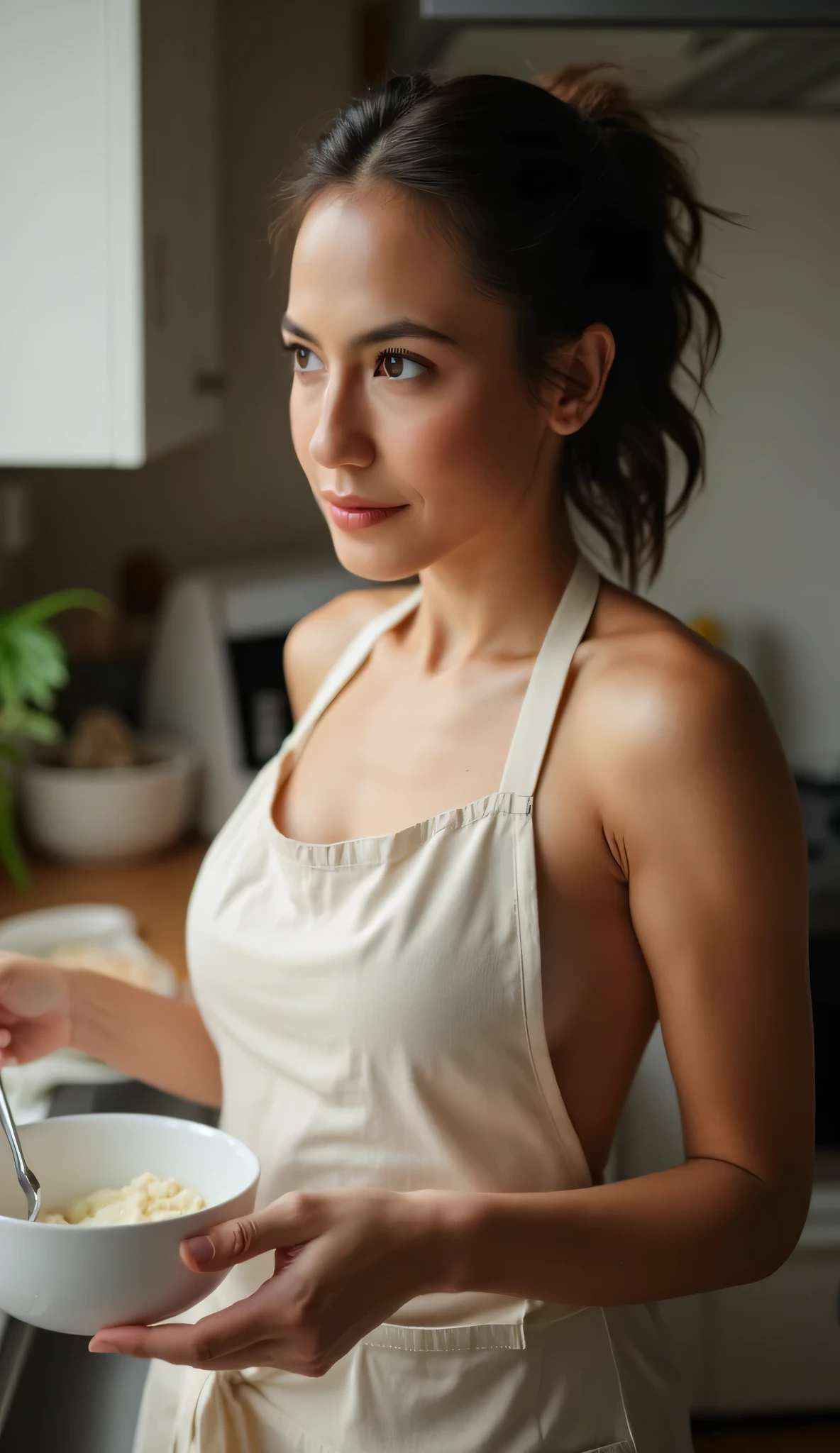 (Masterpiece, Best Quality, Hiring, high resolution:1.2), (depth of field:1.2), (1 girl, Alone), (Fancy), (sexy female chef of a restaurant),  (eyeliner, eyelashes, shadow, bright lips), (happy, laughing out loud), (wide, thick braid), (giant breasts), (Nude White Apron), (ingle), (in the kitchen of a restaurant), Froidges, greenhouses, pans, (cowboy shot:1.4),