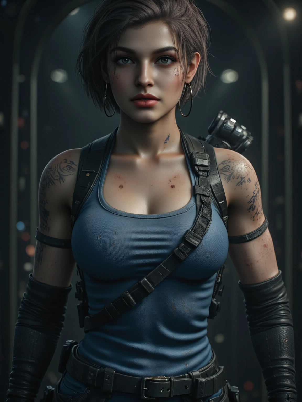 Jill Valentine com a roupa do Resident Evil 3, rosto altamente detalhado, sexy, corpo inteiro, cores ricas, bonito contraste, hiper realista, textura realista, 8K, cidade noturna, neblina