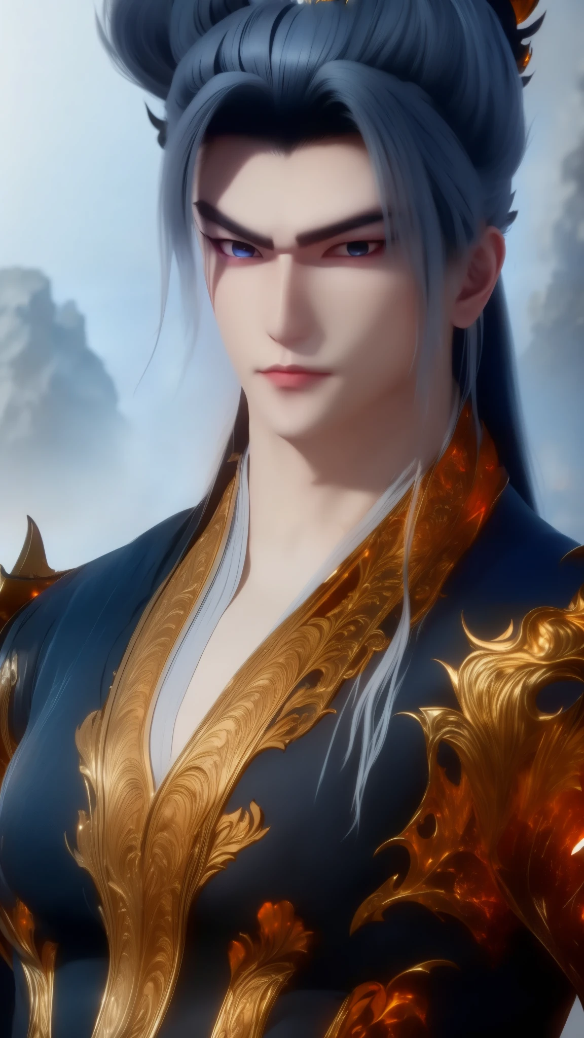 Vuong Lam in the photo has a cold, majestic demeanor but also has a hint of loneliness. His eyes show experience, resilience and deep inner self, suitable for the image of a character whose life has gone through many changes but still maintains his will. Face: handsome, sharp, cold and determined. Eyes: Dark blue, deep, sharp and somewhat lonely look. Black or white hair in ancient style in the style of Xianxia. Ancient style Xianxia costume, showing strength and elegance. Colors: Mainly black, brown and gray, creating a sense of maturity and mystery. White inner shirt with V-neck, blue border. Black-gray outer jacket, with delicate sunken patterns, suitable for the style of Xianxia.