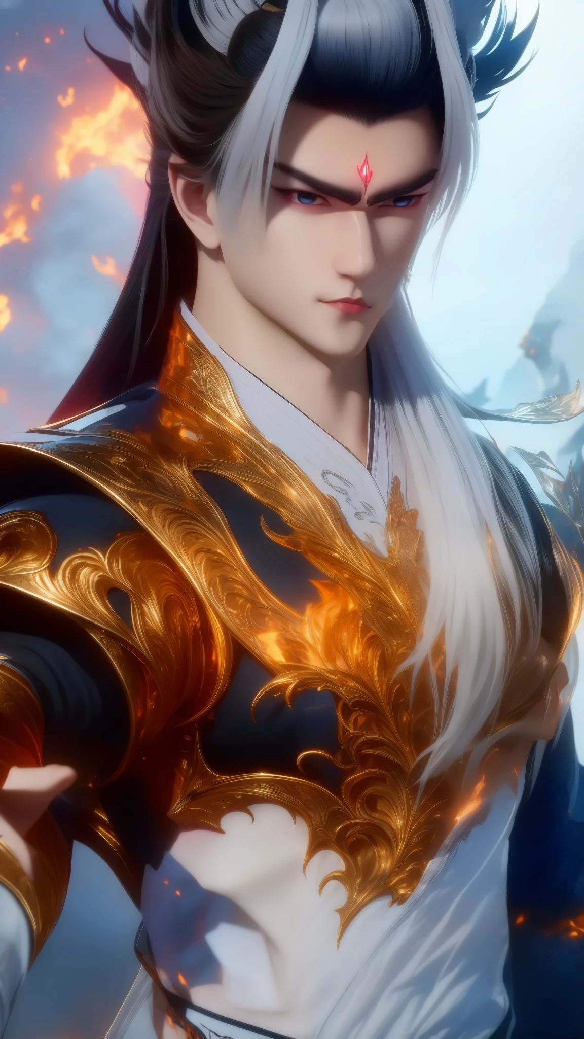 Vuong Lam in the photo has a cold, majestic demeanor but also has a hint of loneliness. His eyes show experience, resilience and deep inner self, suitable for the image of a character whose life has gone through many changes but still maintains his will. Face: handsome, sharp, cold and determined. Eyes: Dark blue, deep, sharp and somewhat lonely look. Black or white hair in ancient style in the style of Xianxia. Ancient style Xianxia costume, showing strength and elegance. Colors: Mainly black, brown and gray, creating a sense of maturity and mystery. White inner shirt with V-neck, blue border. Black-gray outer jacket, with delicate sunken patterns, suitable for the style of Xianxia.