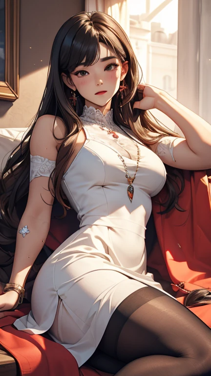 8K,HighDynamicRange,A high resolution),((((ultra-realistic realism,tmasterpiece,Best quality,超A high resolution))),(Pin Light,电影灯光),(hyper-detailing,finely detailled),1 18-year-old girl,Brown hair,Red ribbons ,((Impatient look)),beautiful boobs,white shirt,Red dress,Good style,,(facing the front there)(((blushed cheeks、embarrassing expression)),Microbikini, Colossal tits,Chopping,Emphasize cleavage, sexy for,legs long, spread their legs, sharp vision,