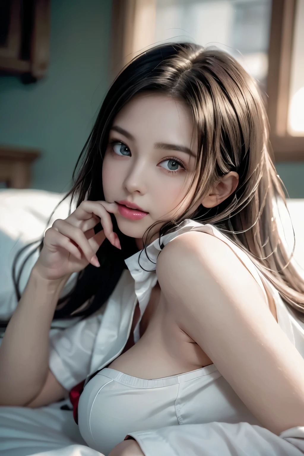 (( girl lying in bed with her head up )),(超realistic)、(Awareness-raising)、( high definition )、(8k)、( Very Details)、( best illustration )、(Beautiful Details of the eyes)、( best quality)、(Super detailsな)、(masterpiece)、( Detailed face)、alone、 1 girl in、 putting their fingers in their lips、 Details、 Detailed face、 in the dark 、 deep shadow 、 discreet 、 an ace with a pure erotic face_、length、 Black Shawl Straight Hair、 46 Point Oblique Bang ,Female student、( white blazer including 、chest emblem)、 translucent white blouse 、 red ribbon、( bright colors ,Check pattern)、,8k, best quality, 超 high definition , table top naked underneath the jacket, realistic, realistic, high contrast , photon mapping , real image, Super details, low angle: 1.5, 1 girl, alone: 1.5, whole body, Idol, sexy, barefoot, high heels, M-shaped leg opening: white panties that sit on your stomach: 1.5, long legs with panties visible under her skirt : 1.2
