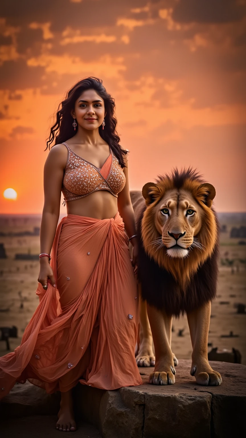 Sexy hot, (Beautiful face), (Attractive body), (Complete Body Picture), Modern Indian Goddess, (Transparent black Sari), Dynamic Pose, God's Crown, (Lion Standing Nearby), Colorful, Eye-catching, Heavenly s