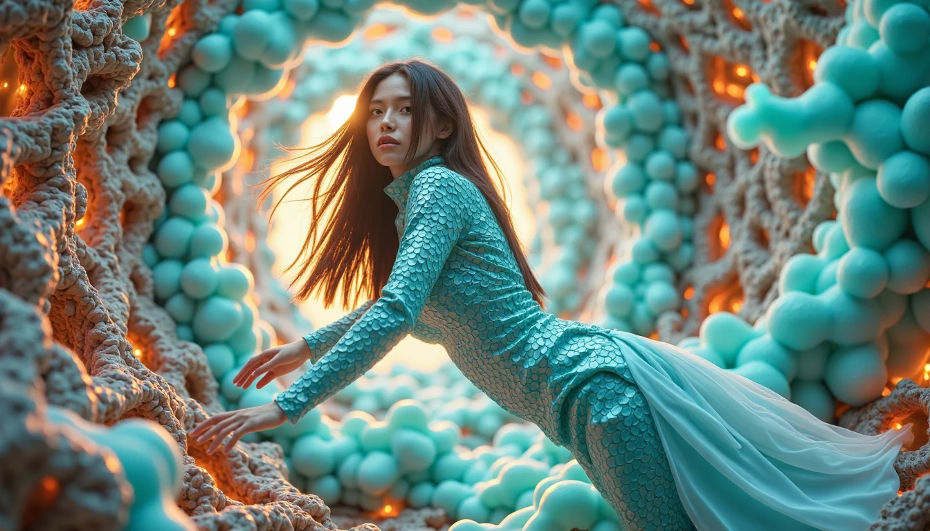 The Italian actress Mónica Belluci semi-naked and surrounded by hundreds of giant white tentacles 