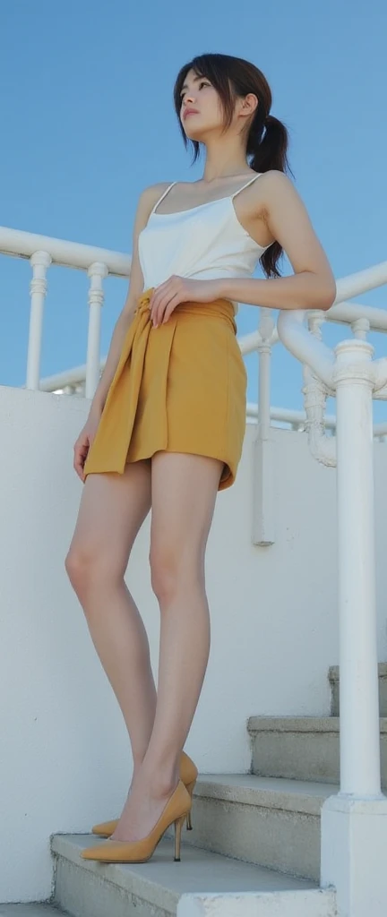 (Best quality, 8k, 32k, Masterpiece, UHD:1.2), Photo of cute tall Italian woman, small breasts, wearing yellow t-shirt, red long loose hair, full body, wearing high-heels, (oversized_sweater,:1.1) necklace, simple background, (YES SFW)