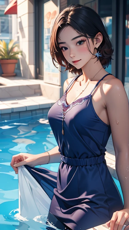 score_9_up, score_8_up, score_7_up, 1girl, solo, mature female, Maki, green ponytail hair, yellow eyes, glasses, red lips, parted lips, fit slim body, perfect medium erected breast,(((highly detailed eyes))), (((dark blue evening dress with plunging neckline, golden earrings, golden rings, black choker with shining rhinestones))), (((white modern villa with panoramic windows, pool, sunset))), outdoors, looking at the viewer, perfect model body, standing in seductive pose near the pool