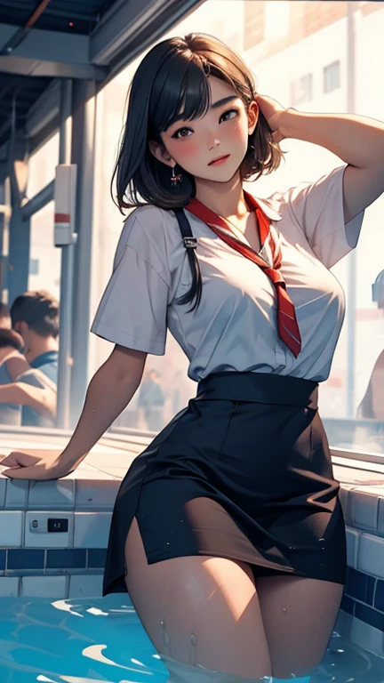 NSFW, (((masterpiece, best quality, Photo realistic))), (shiny skin), (UHD, 8K wallpaper, High resolution), Perfect anatomy, Cinematic lighting, physically-based rendering, award-winning, extremely detailed skin, extra detailed face, eyes with beautiful details, Carl Zeiss 85 mm F/1.4, (1 man and 1 girl, couple:1.5), Cute 16-year-old Japanese schoolgirl, sitting on the chair, (black hair, short bob cut, brown eyes, round face), medium breasts, wet school blouse with ribbon, navy pleated Skirt lift, navy high socks, (noseblush, naughty, half opened eyes, drooling), spread legs, thigh focus, in the classroom, blue hour, (1 man is an old man, an old man is hugging the girl from behind:1.5), an old man is wearing business suit, (an old  man touches girl's panties:1.5), [full body shot], shot from below,