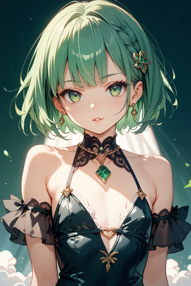 Green hair、Background white、Photorealsitic, hight resolution, 1 rapariga, Korea person, Heterochromia eyes, a purple eye、Blunt bangs、、1girl in, masutepiece, Best Quality, High quality, bob cuts、Ahegao、