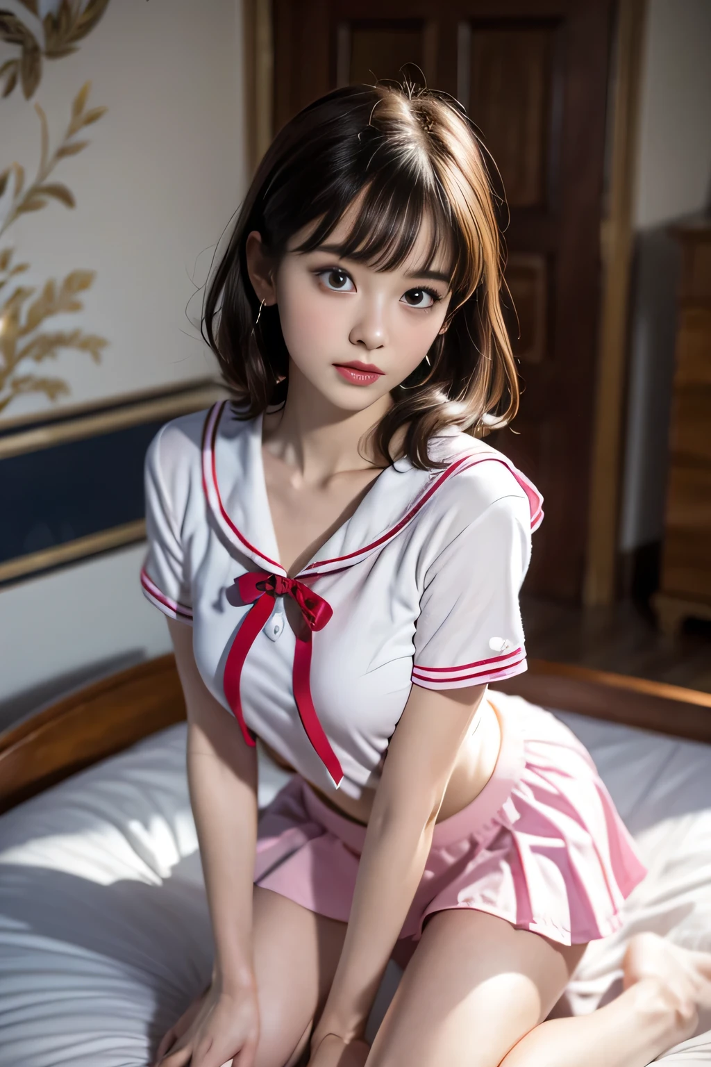 nsfw, vagina, bottomless、Sailor suit、Front facing、Undressing、Pulling down her white panties、Panties that are about to be taken off、bottomless、Short pigtails、Small breasts、Looking down、I can see her pussy、Leaning forward、the way