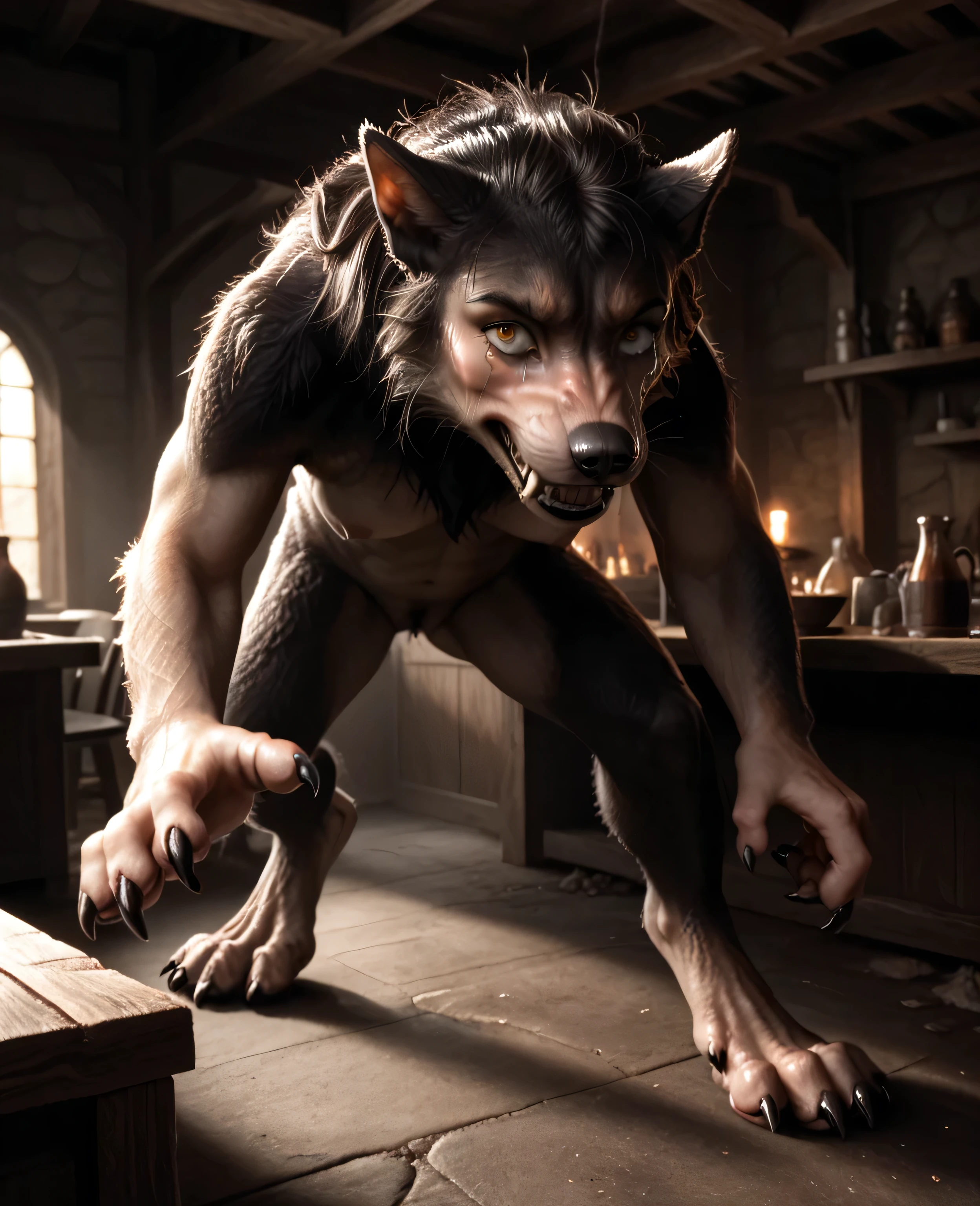 close up shot, [feet: paws:0.5], wild wolf, transformation, morfing into wolf paw, claws, fur, detailed fur, animal toes, vein, barefoot, naked, crying, in pain, slobbering, sharp focus, tavern, people around, ((facing the viewer)), Skyrim, ((darkness, moonlight, dramatic light))(, realistic photo, realistic, ultra realistic concept art, photo realistic horror, hyper realistic nightmare scene, Dramatic, Cinematic, quality 8k, ultra realistic , hyper realistic ,deep details, nsfw)