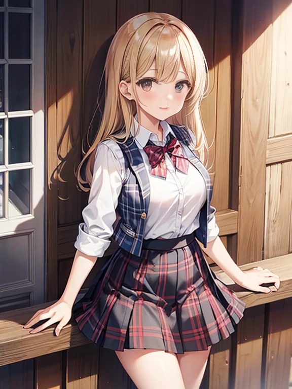 1girl,masterpiece,best quality,blonde hair,((ponytails)),blue eyes,(white stockings with suspenders),(red plaid skirt),short skirt,standing,in full length,medium breasts,white t shirt,in front of streets,extremely detailed,[[realistic]],beautiful alluring anime teen,seductive anime girl,waving skirt,perfect body,slim body,slim legs