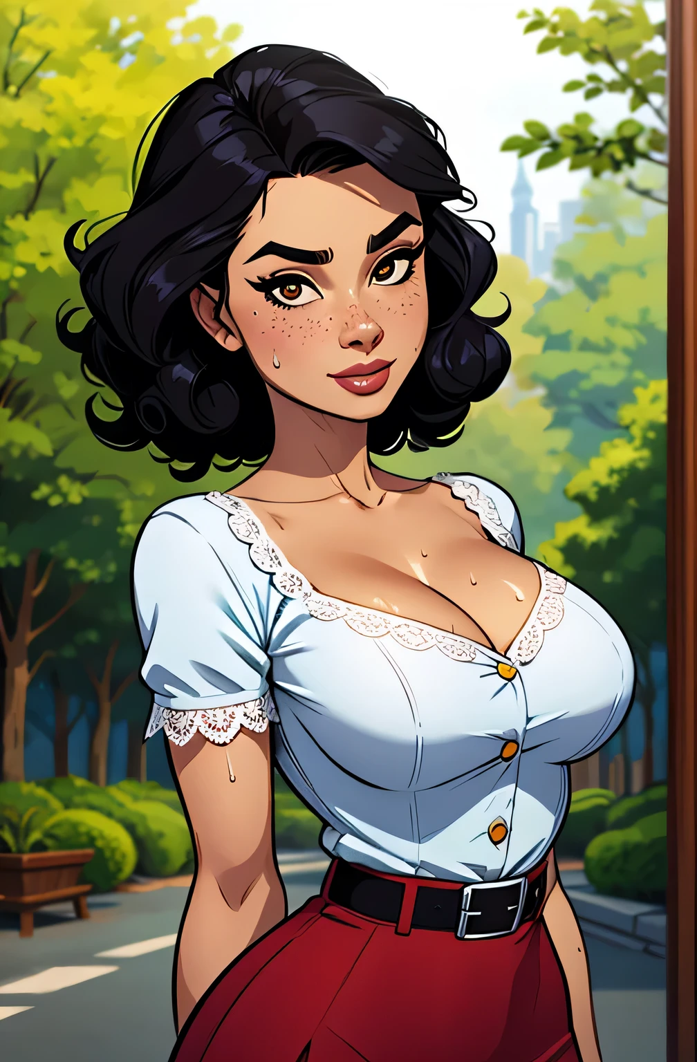 ( absurd, HD , ultra detailed, be careful with your hand ) Close up of a thin and athletic woman , 25 years, 8k (( high definition )), beautiful smile, Seductive look, brown eyes, round nose, yellow blouse (( lace V-neckline, buttons, short sleeves )), discreet skirt with belt, thin waist, both arms positioned on the sides of the body, pele negra, black hair (( short and curly )), character walking through the forest (( upper body )), with freckles on the neck and breasts , (( large, round breasts , sweaty )), (( Well defined collarbone )). Marvel style (( HQ )), forest in the background.