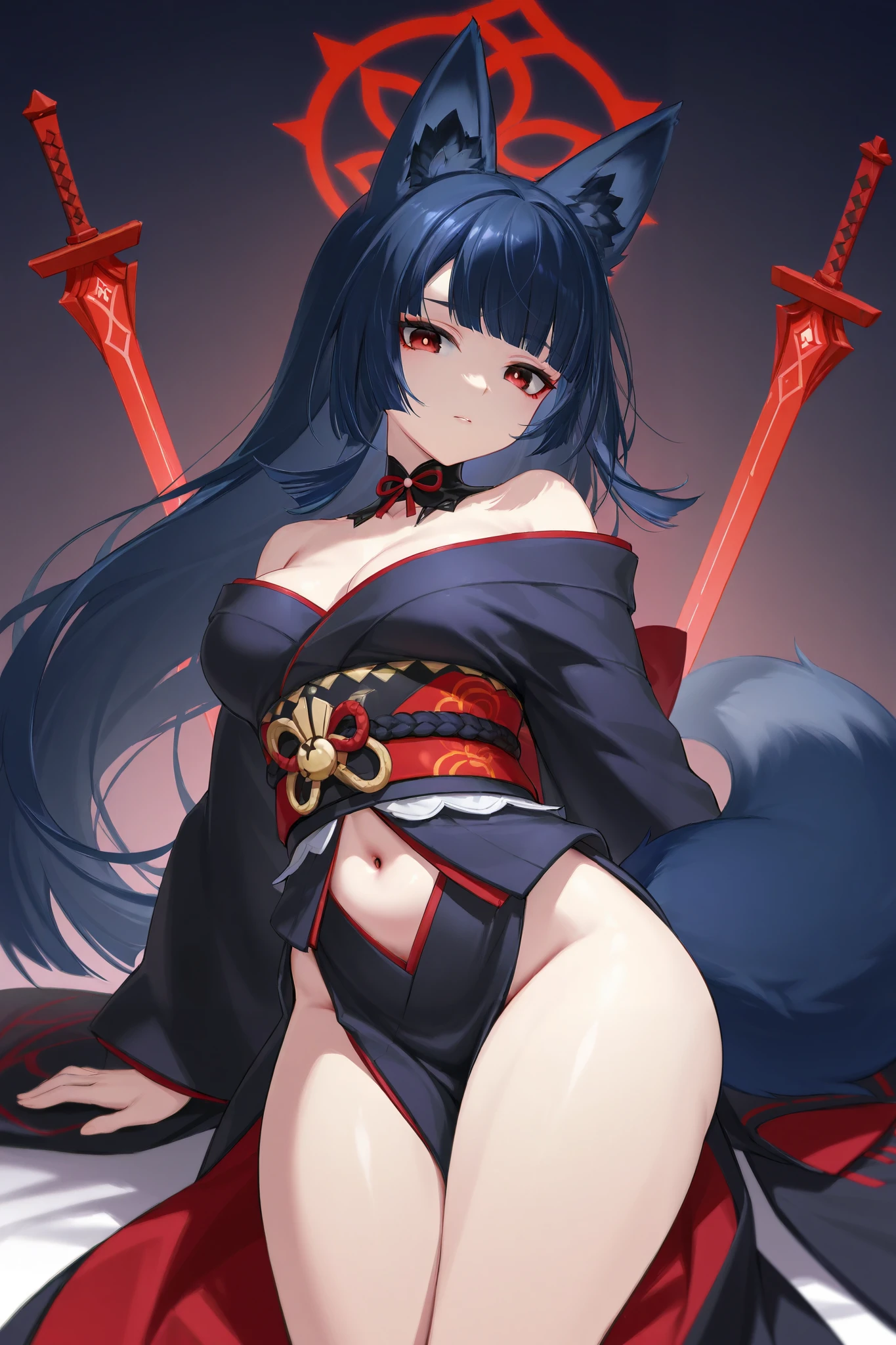 1 girl , alone ,Taisho Modern、、big cleavage、headphone , greenish black hair、ponytail、fox ears、blue eyes、sunglasses、Dark purple kimono、red hair ornament、light purple long hakama、Haori、leather boots、headphones、sunglasses、Japanese umbrella、sexy、charm、Wet、face turns red、far shot , full body