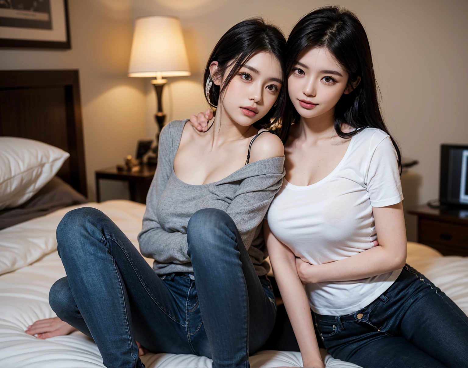 masterpiece,Highest quality,Advanced Details,1 male,1 female,((Hotel Bedroom:1.4))、(( woman with straight medium-long hair:1.4)),((A woman wearing a white short-sleeved off-the-shoulder cotton shirt and a denim miniskirt:1.4)),Japanese middle-aged 1 male,Black Haired Man,A man in a white dress shirt is very handsome,((Man hugging woman'head:1.4)),The Woman is short,The man is tall,Reflects the height difference between men and women,The Woman'height: 160cm.,The man's height is 175cm....,Man touching woman's head:1.7、((They are standing in an empty room:1.5))、Women play a leading role、Women are skinny,Small breasted women、