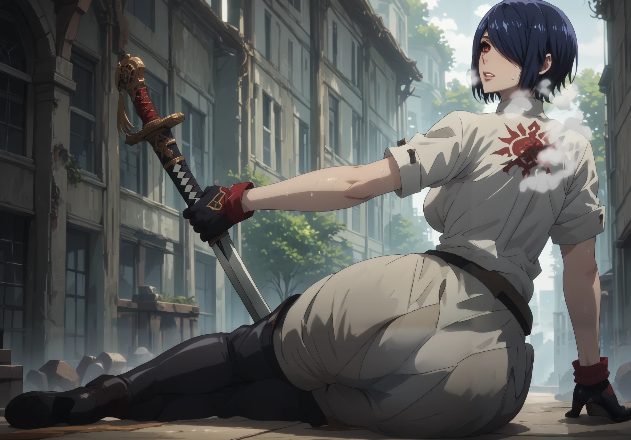 score_9, score_8_up, score_7_up, score_6_up, uncensored, kirishima touka, blue hair, hair over one eye, black sclera, red eyes, bright pupils, anime coloring, anime screencap, (voluptuous:1.3), (thick:1.3), BREAK UHD, retina, masterpiece, accurate, anatomically correct, textured skin, super detail, high details, high quality, award winning, best quality, highres, 4K, excessive sweating, sweating, sweating drop, (gasping, heavy breathing:1.3), perfect eyes, beautiful eyes, eyelashes, makeup, detailed body, perfect body, BREAK, 1girl, weapon, breasts, gloves, sword, solo, ass, boots, thigh_boots, black_gloves, large_breasts, holding_weapon, pants, abandoned building, shirt, white_pants, arm_support, holding, sheath, sitting, white_shirt, holding_sword, black_footwear, thighhighs, from_behind, looking_back, short_sleeves, lips, parted_lips,