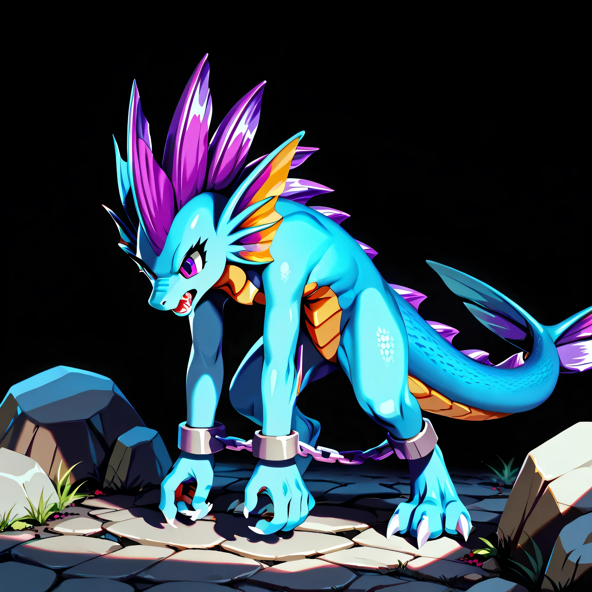 Anime, ((anime style)), warrior build, ((three-quarter view)), ((safe for work version:1.5)), solo drawing, solo, ((Solid Black Background)), ((on a rock)), ((vivid purple eyes)), ((sharp draconic ear spines)), ((sharp purple head spines)), ((purple head fins) ), ((tall figure)), ((digitigrade legs)), ((digitigrade feet)), ((highly detailed anime style)), clean anime style lines, claws, Merga from freedom planet 2, female, blue skin, white claws, ((short dragon muzzle)), ((wrists chained to a wall:1.2)), ((struggling against chains)), ((Struggling)), ((restrained by chains)), ((resistant expression:1.2)), ((chained to the ground)), ((on the ground))