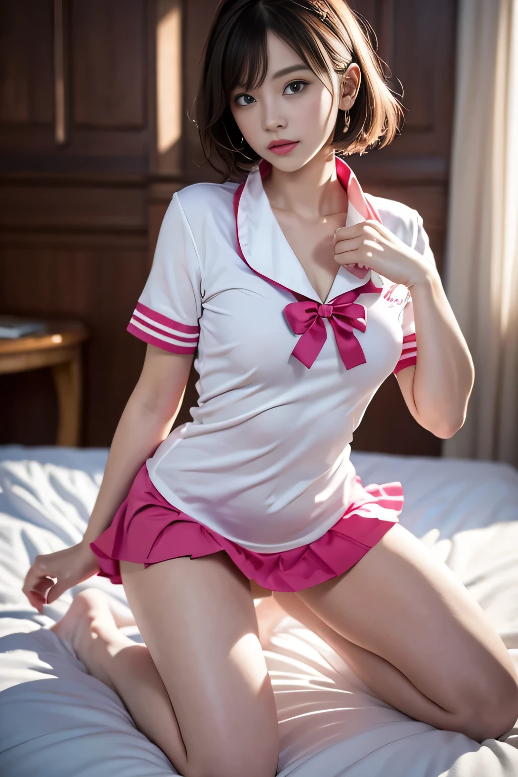 32K,8k,highest quality、luxury hotel lounge、(Tight sailor style swimsuit、 Spread your legs and show your crotch、Panties that dig into the crotch)、(Outstanding nipple contour)、 (Perfect pink outline)、toned body、beautiful slim、fit、japanese idol、open your mouth、perfect hands、perfect fingers、perfect teeth）、 brown hair twintails、small micro skirt、big breastsの谷間、Beautiful perfect body shape woman、((big breasts、slim abs、Highly detailed face and skin texture、 fine eyes、double eyelid、perfect anatomical body proportions、hard disk、nffsw、Nikon Z9 80mm Lena Star Piece)