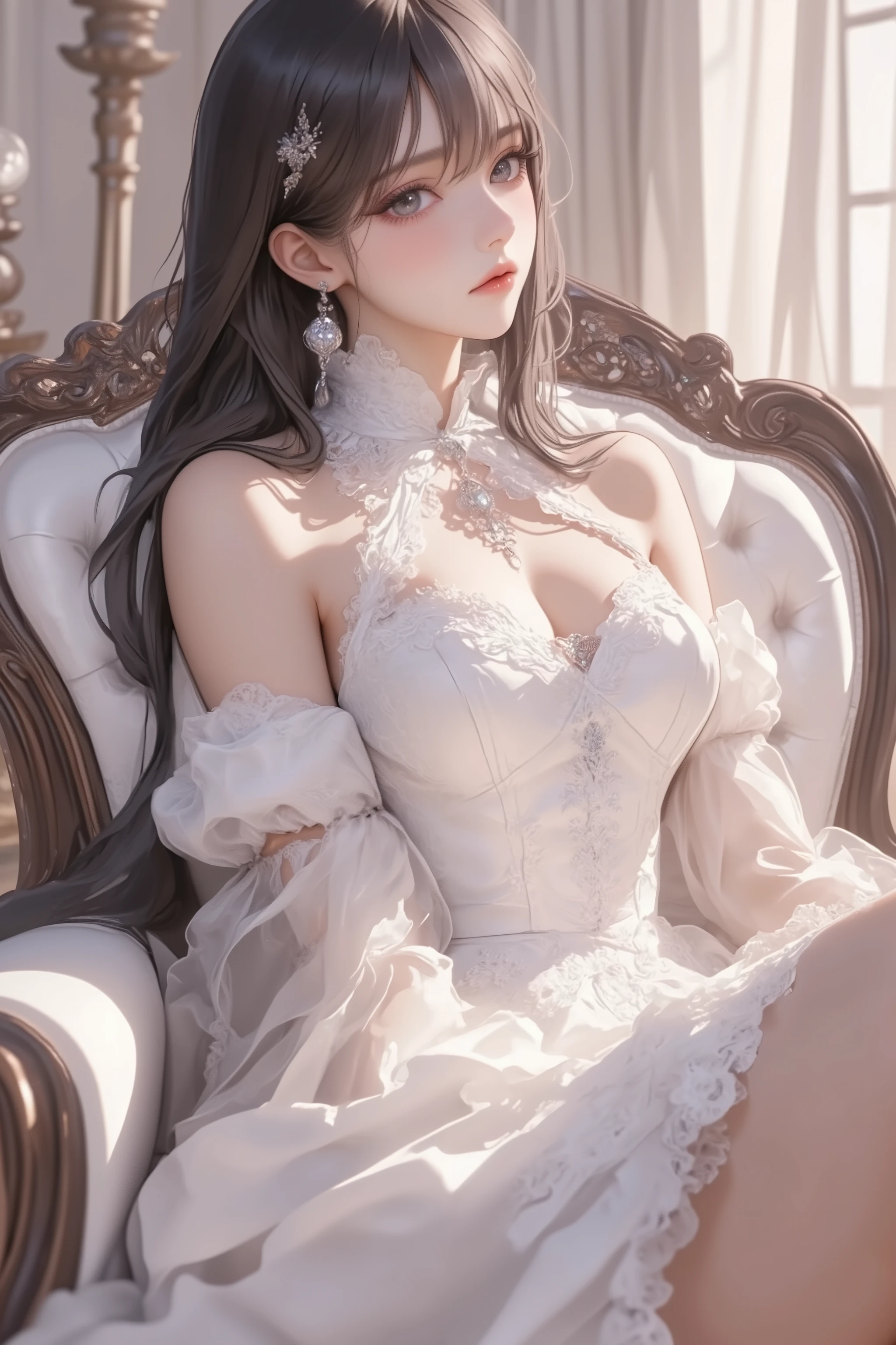 ultra-detailed, masterpiece, 1girl, full body, incredibly absurdres, wallpaper, artbook, realistic, photo, light, real, day, indoor, curtain, chair, book, ojousama, queen, black hair, long hair, black eyes, big breasts, whitedress, bare shoulders, bare legs, hairclip, smirk, sitting, yokozuwari, lap pillow, beautiful detailed eyes, gorgeous