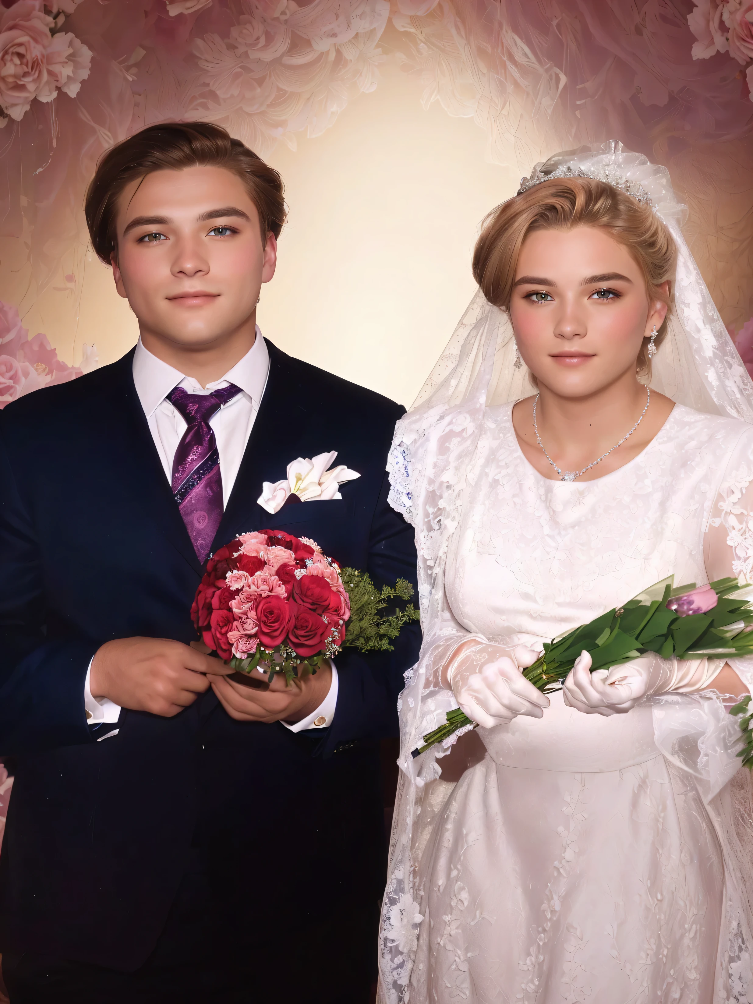Wedding Photo , . The man has brown hair , . A man dressed in a blue wedding suit , in his hands is holding a bouquet of red carnations , Blonde bride , on his head behind her hair, you can see a lace veil, she is holding white gloves , in her hands a small bouquet of pink roses , wearing a lace wedding dress , photographic photo, extreme quality , Maximum detail, highest quality, Masterpiece , 8k, detailed hair