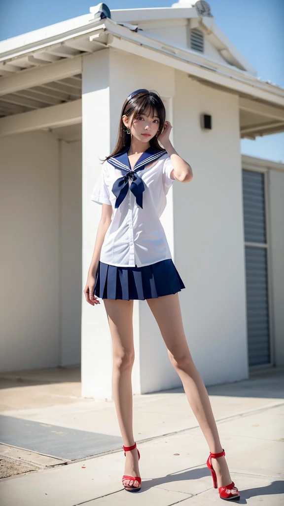 1 solo girl (8k UHD Raw fotography, Top  Quality, Masterpiece:1.45) (Raw foto:1.2), (Photorealcitic) Realistic full body smiling girl in school uniform showing white panties, Functionality of raising the skirt to reveal panties, show white panties, Flip the skirt, Flip the skirt, roll up scar by hand, Showing underwear by the pool