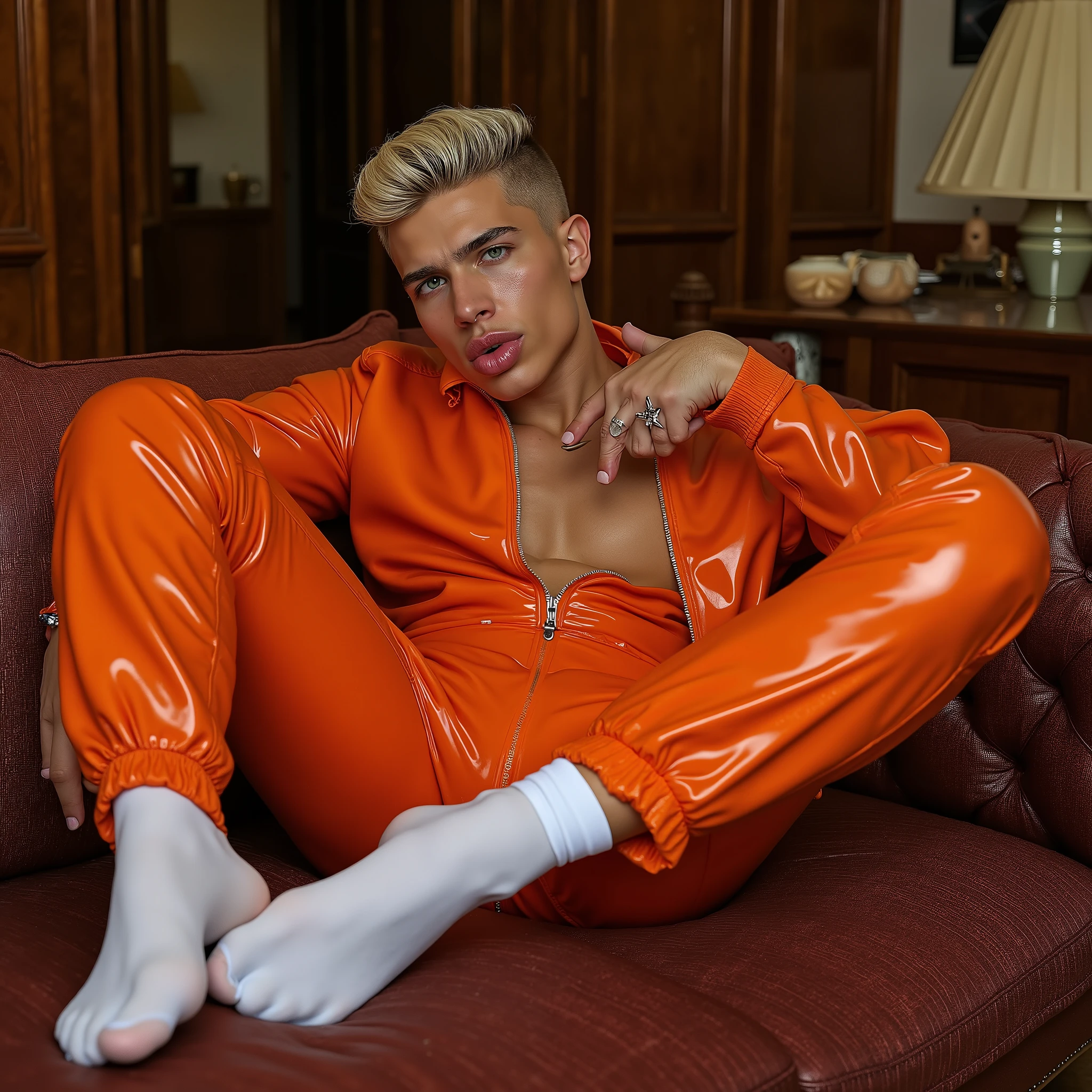 full body view, A young white cute male with clean undercut blonde stylish haircut, silver precious rings, hyper-thin hyper-tiny turned-up hyper-short nose, siliconed inflated flxBimboLips963 lips, wearing shiny orange rubber sport suit , white 'Heron Preston' nylon-socks, no shoes, sprawled out on couch in the luxurious living-room with wooden walls & ceiling of his ancient rich manor in Brittany. His white nylon-socks must be seen. He looks very perverted, depraved and vicious