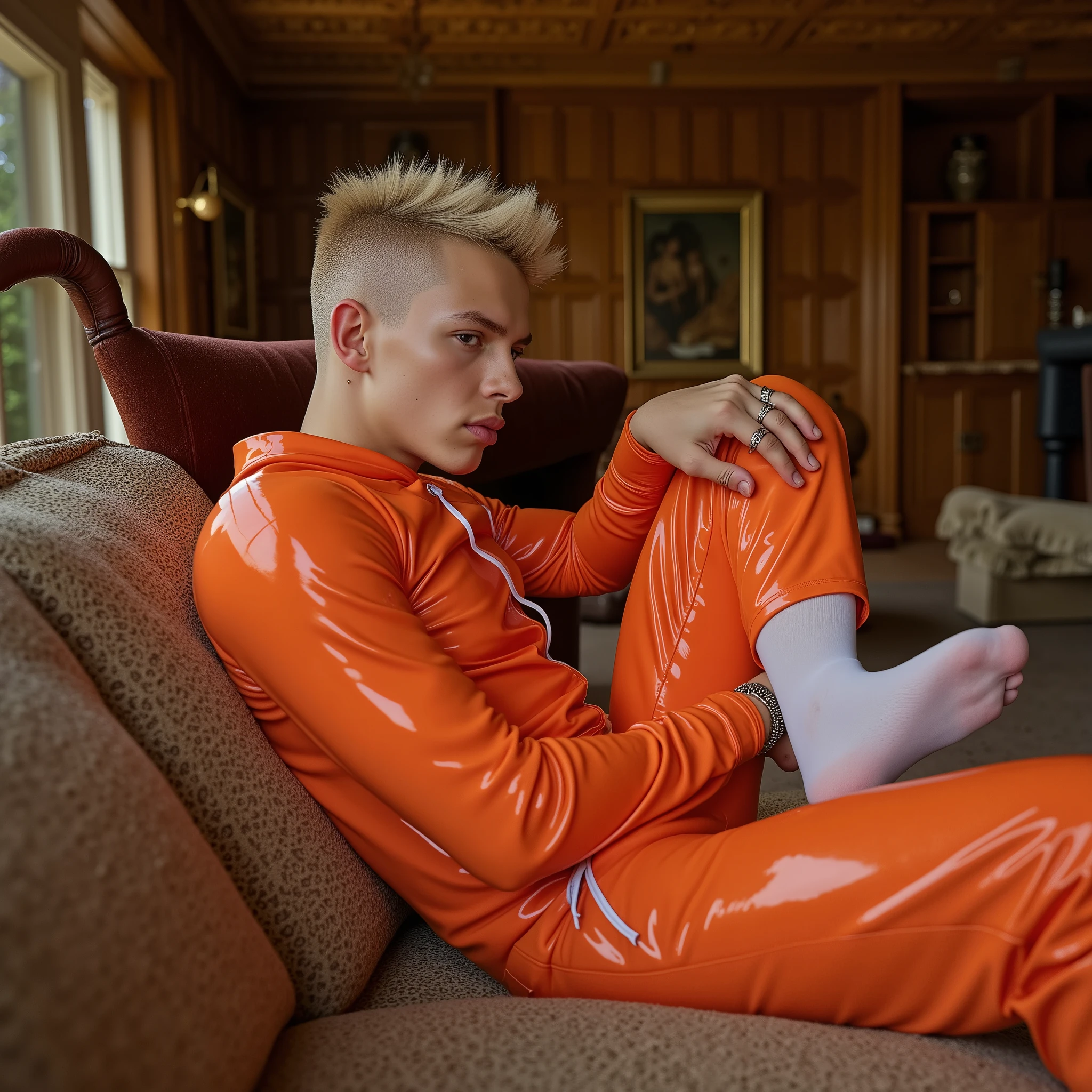 full body view, A young white cute male with clean undercut blonde stylish haircut, silver precious rings, hyper-thin hyper-tiny turned-up hyper-short nose, siliconed inflated flxBimboLips963 lips, wearing shiny orange rubber sport suit , white 'Heron Preston' nylon-socks, no shoes, sprawled out on couch in the luxurious living-room with wooden walls & ceiling of his ancient rich manor in Brittany. His white nylon-socks must be seen. He looks very perverted, depraved and vicious