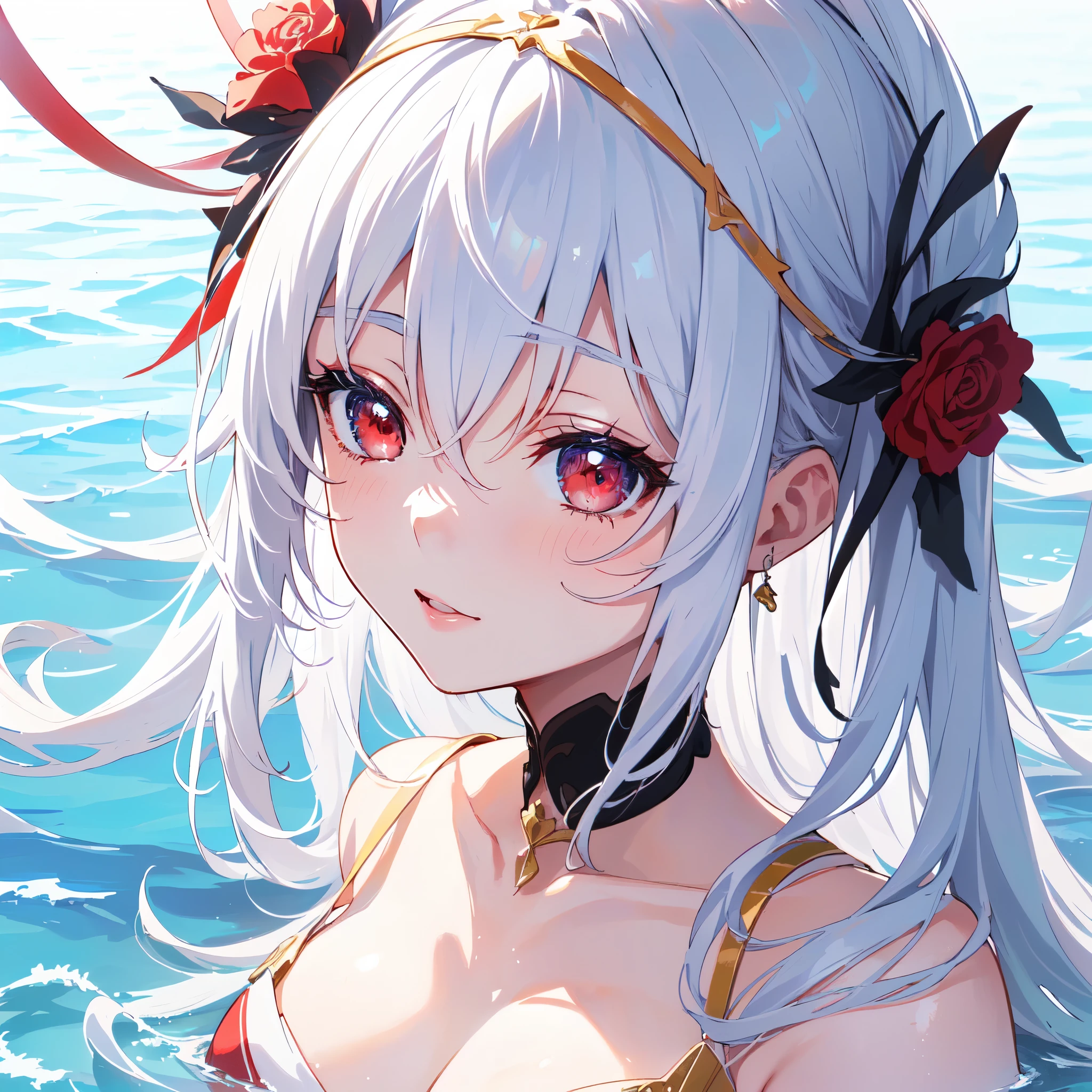 Swimwear、Concept Art、masterpiece、Grin、Upper Body、high resolution、Playing in the sea、Shot from above