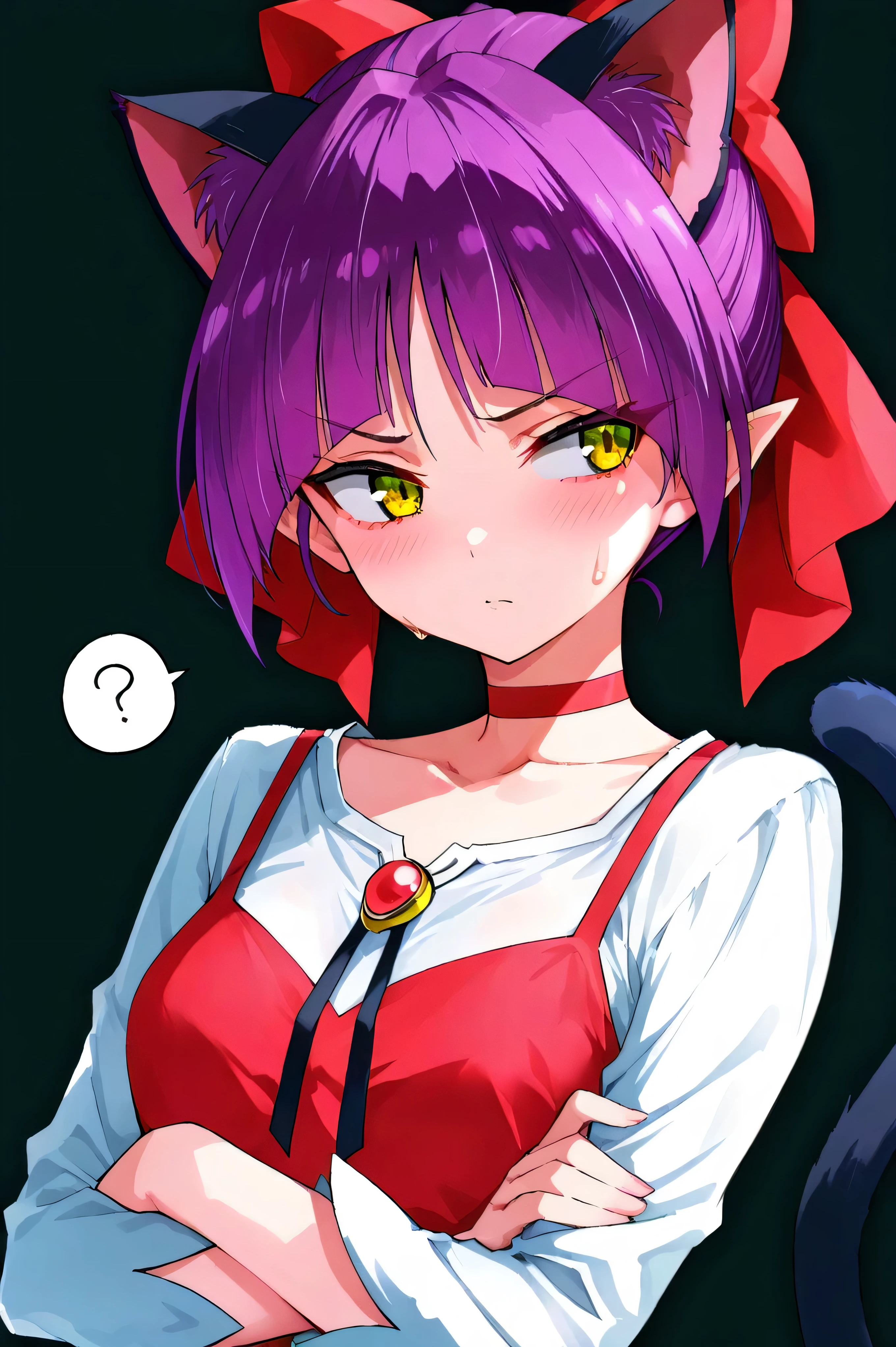 core_9,score_8_up,score_7_up,source_anime,rating_safe,nekomusume,Cute chibi,cat ears,cat tail,slightly troubled face,sweat,looking away,arms crossed,cat girl,cat girl,Red choker,hair ribbon,pointed ears,red ribbon,nmm1,nekomusume\(gegege no kitarou 6\),1girl, purple hair,yellow eyes,solo,red dress,red choker,hair bow,pointy ears,short hair,white shirt,long sleeves,red bow,bangs,collarbone,brooch,jewelry