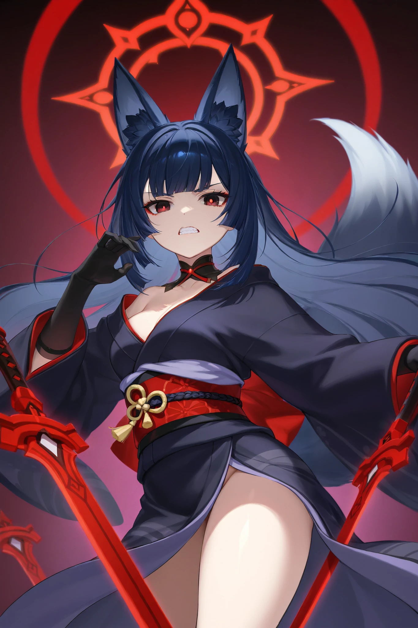fox ears、Dark blue hair、 long hair、Fox Tail、Dos black red eyes、フード付きFeather毛Feather衣、 best thighs、 Genshin、Feather、Swarm of crows、Red Sword、Halo、 beautiful skin、Clear shadows、 kimono、Jagged teeth