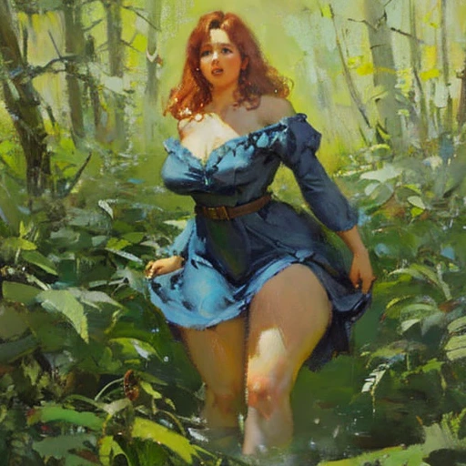 rubenesque woman, standing in a forest glade,  reddish-blonde, freckles,  pinup, ((see-though)) clothes, (transparent clothes), nipples, pubic hair
