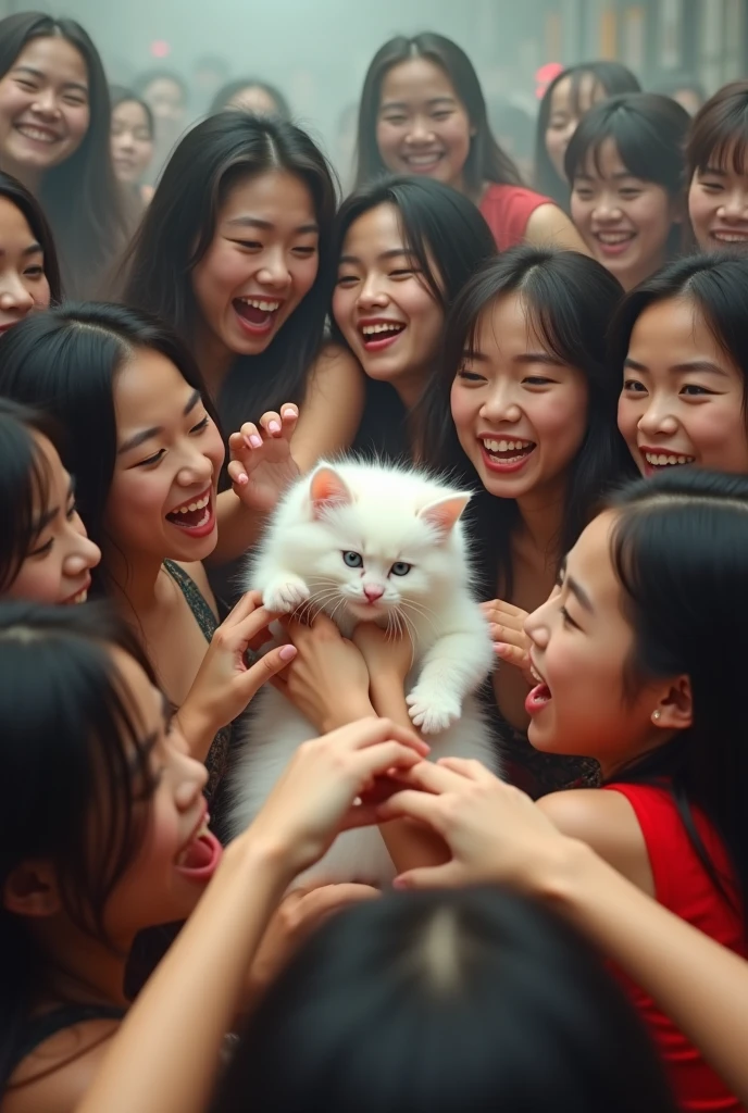 Many thousands of young beautiful sexy Asian girls hit slap and fight against each other for a white fluffy little kitten.