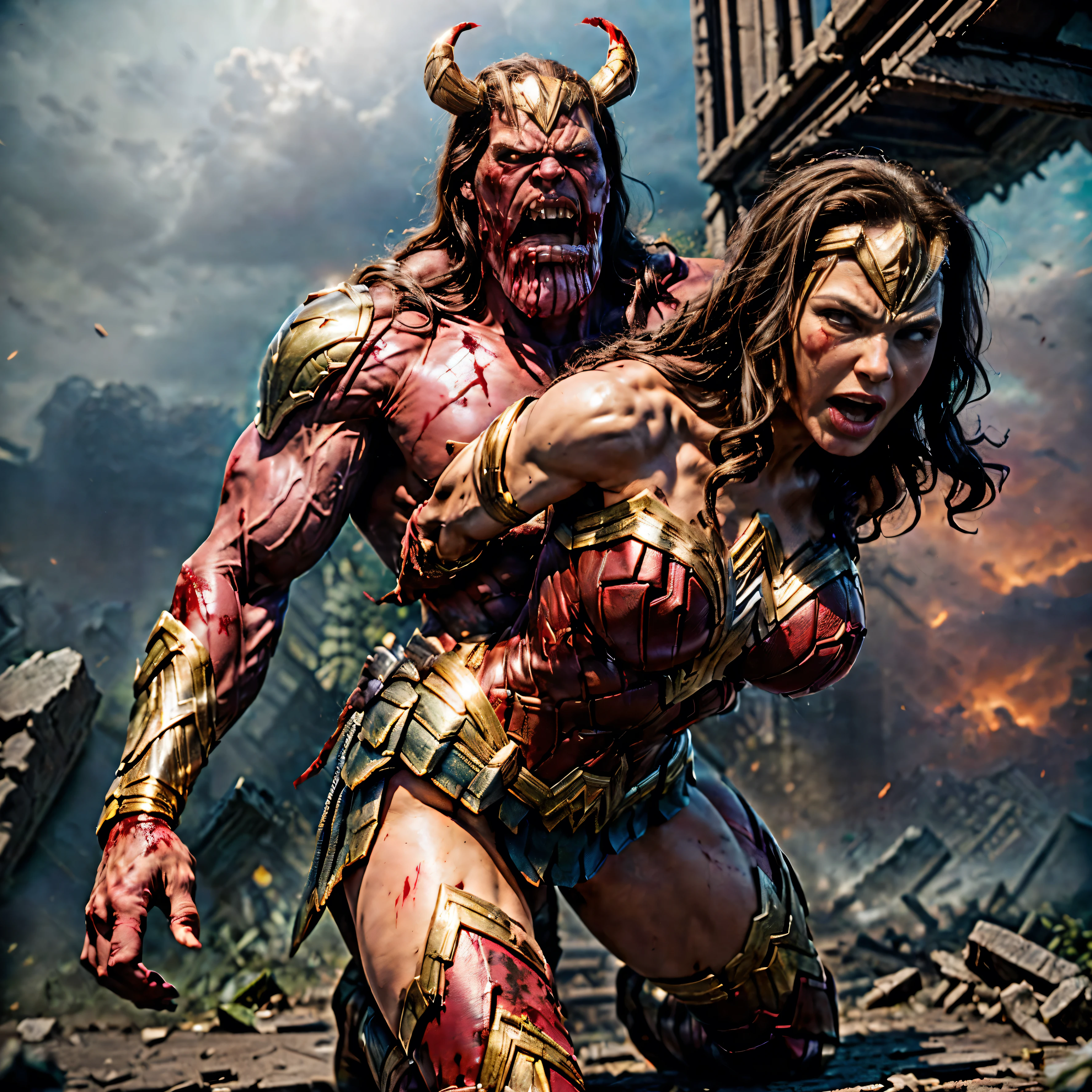 (The 8k quality, Ultra-high-resolution quality, Ultra high definition, Photorealistic, Best Quality):1.5, (masterpiece):1.4,
(camera angle from the front view):7.0,
(in the ruined building):5.5,
(depiction of brutal violence, bloody brutal violence, hetero):1.5, (brutal attack to beautifully shaped 1 GAL GADOT dressed as wonderwoman by 1 huge THANOS wearing armor):10.0, (v1ct0ry, hold by head, head grab, legs off ground, legs dangling, arms dangling, full body view, CarnageStyle, (blood_red:1.5)):15.0, (brutal violence, 1 muscular THANOS wearing armor is grabbing GAL GADOT's head with his hand violently from her behind, grab head):15.0, (defeated 1 GAL GADOT grabbed head from behind, medium breasts):10.0,
(extremely screaming face with pain, bloody face, a little slightly opened eyes, medium build, medium height, broken armor):3.5,