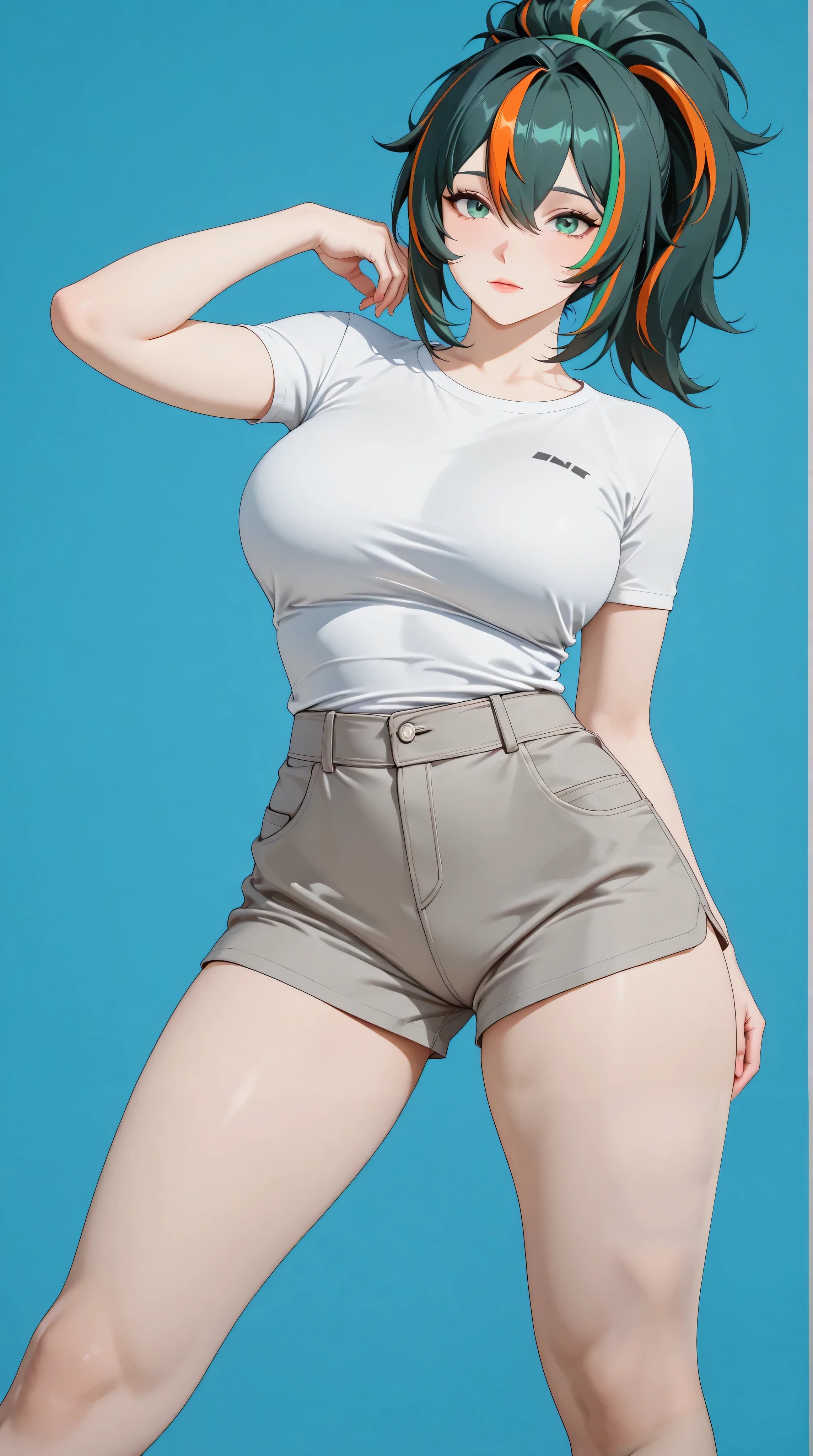 masterpiece, extremely detailed,realisric skin texture,4k,solo,1girl,adult ,((fullbody)),zhu yuan,ponytail streaked hair,expressive,slim body, sexy legs,perfect body,large breasts,housewife,grey short pants, oversize white tshirt,soft light, high detailed, best quality, upper body,, blue plain background ,blue background,looking at viewers,front look,sexy pose, photography,cowboy shot
