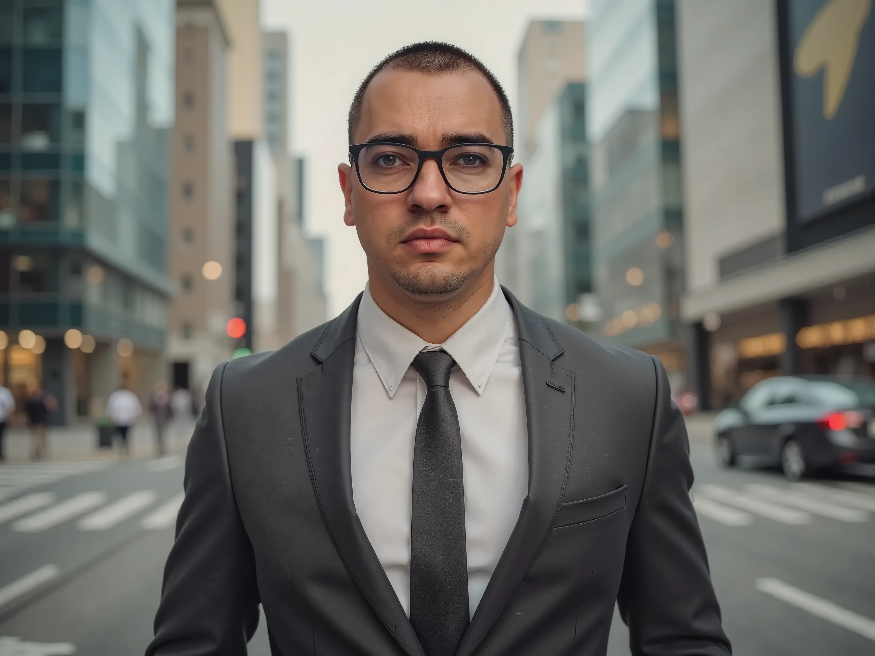serious young man in a suit focusing on his face in the city