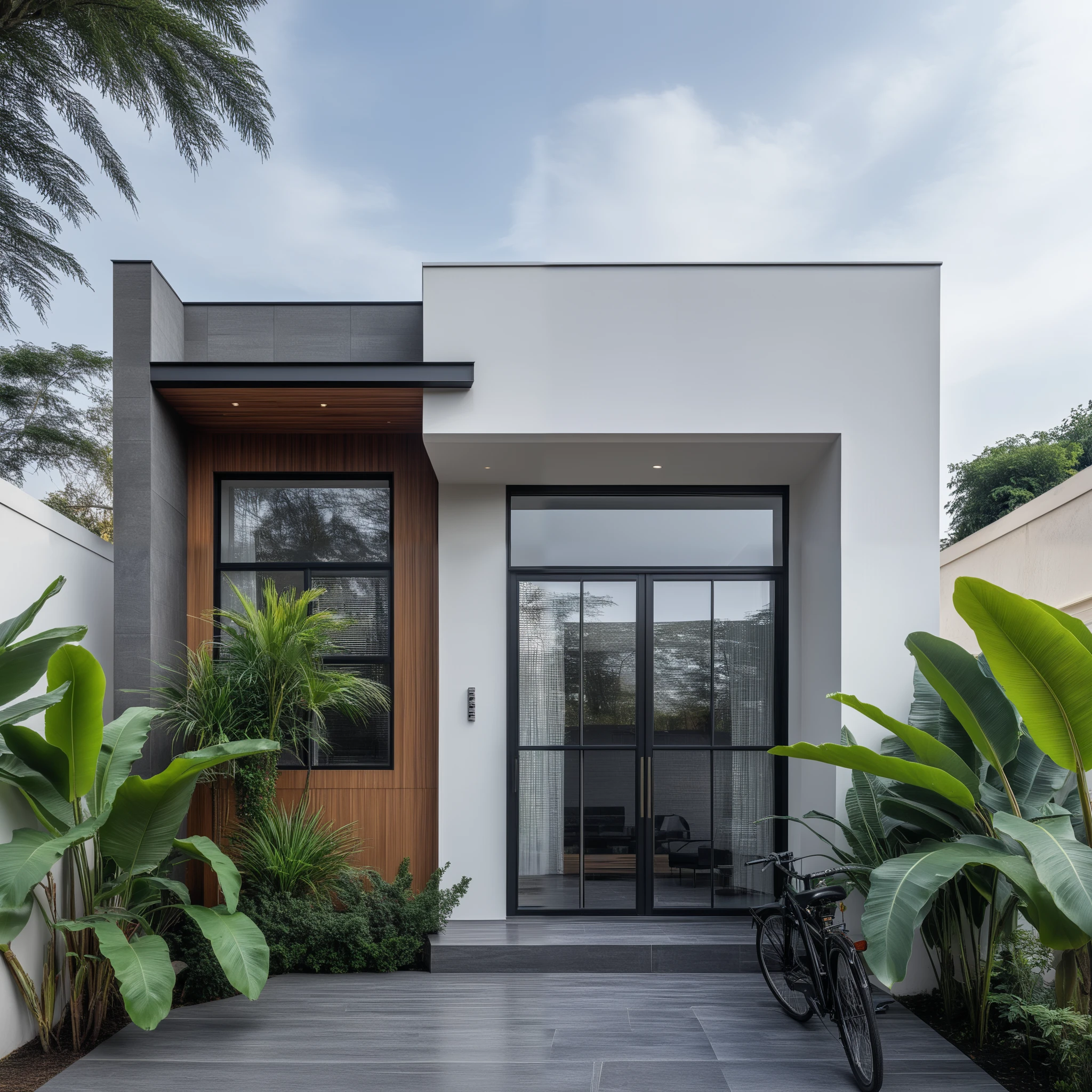(masterpiece:1.2), best quality, photo of A two-story modern house with white walls and dark tiles on the roof, tree and plant, streetcapes, natural light, The exterior of an elegant single family home features large windows, a dark gray door frame.